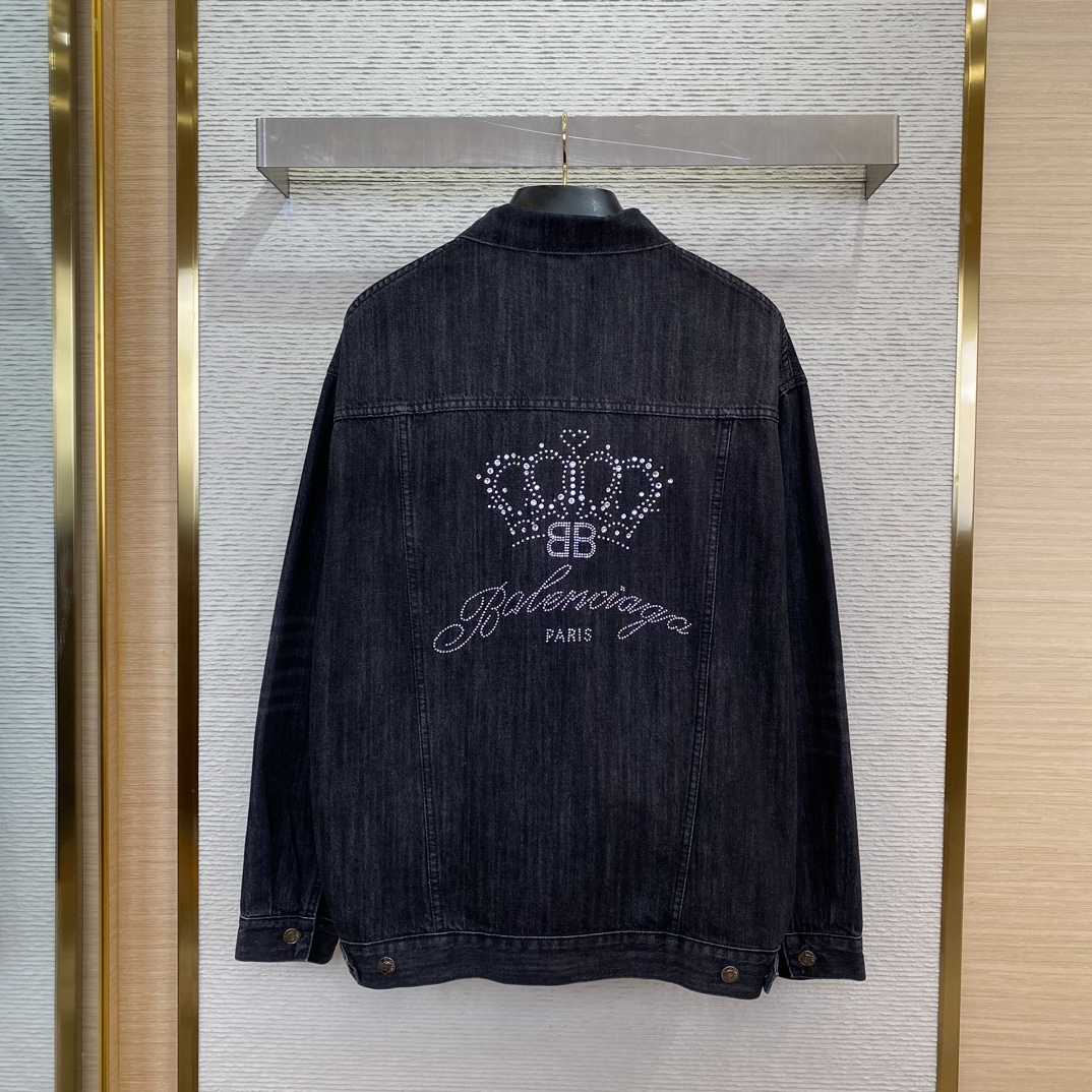 Balenciaga Logo Rhinestone Embellished Denim Jacket - FashionPlug