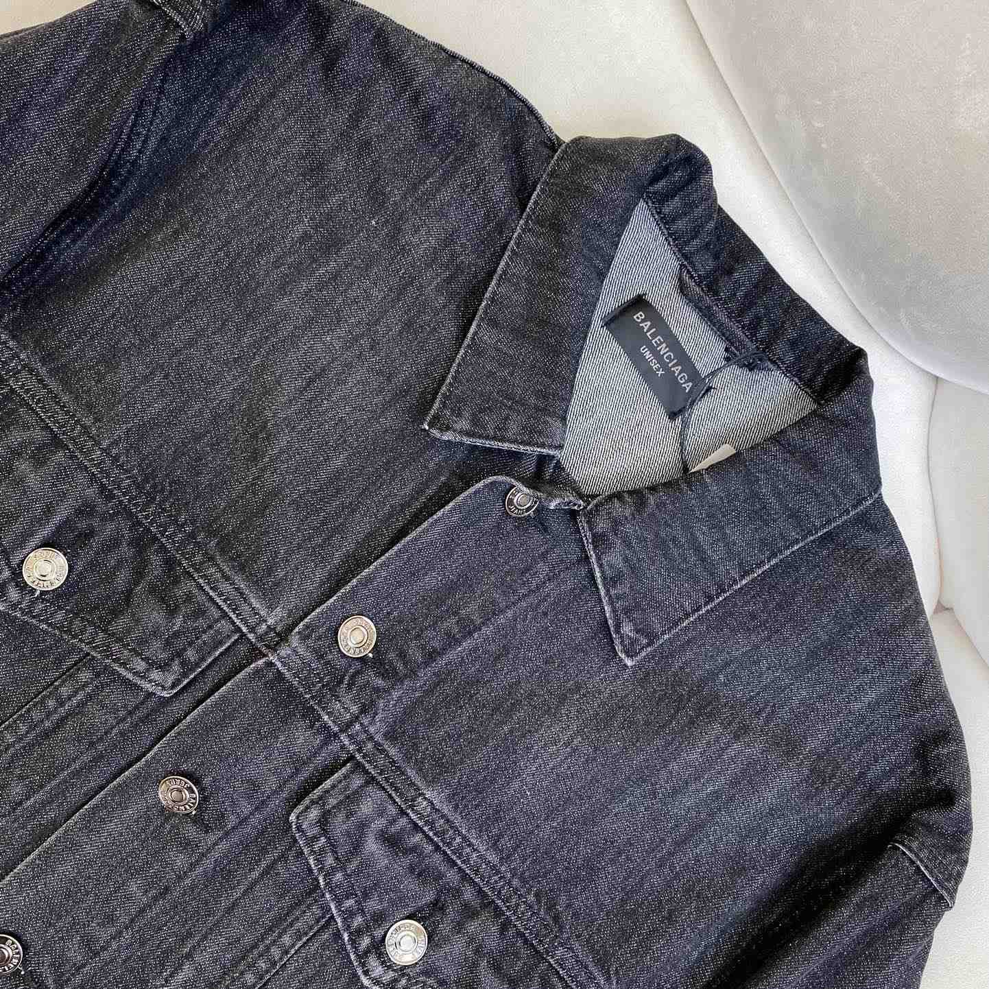 Balenciaga Logo Rhinestone Embellished Denim Jacket - FashionPlug