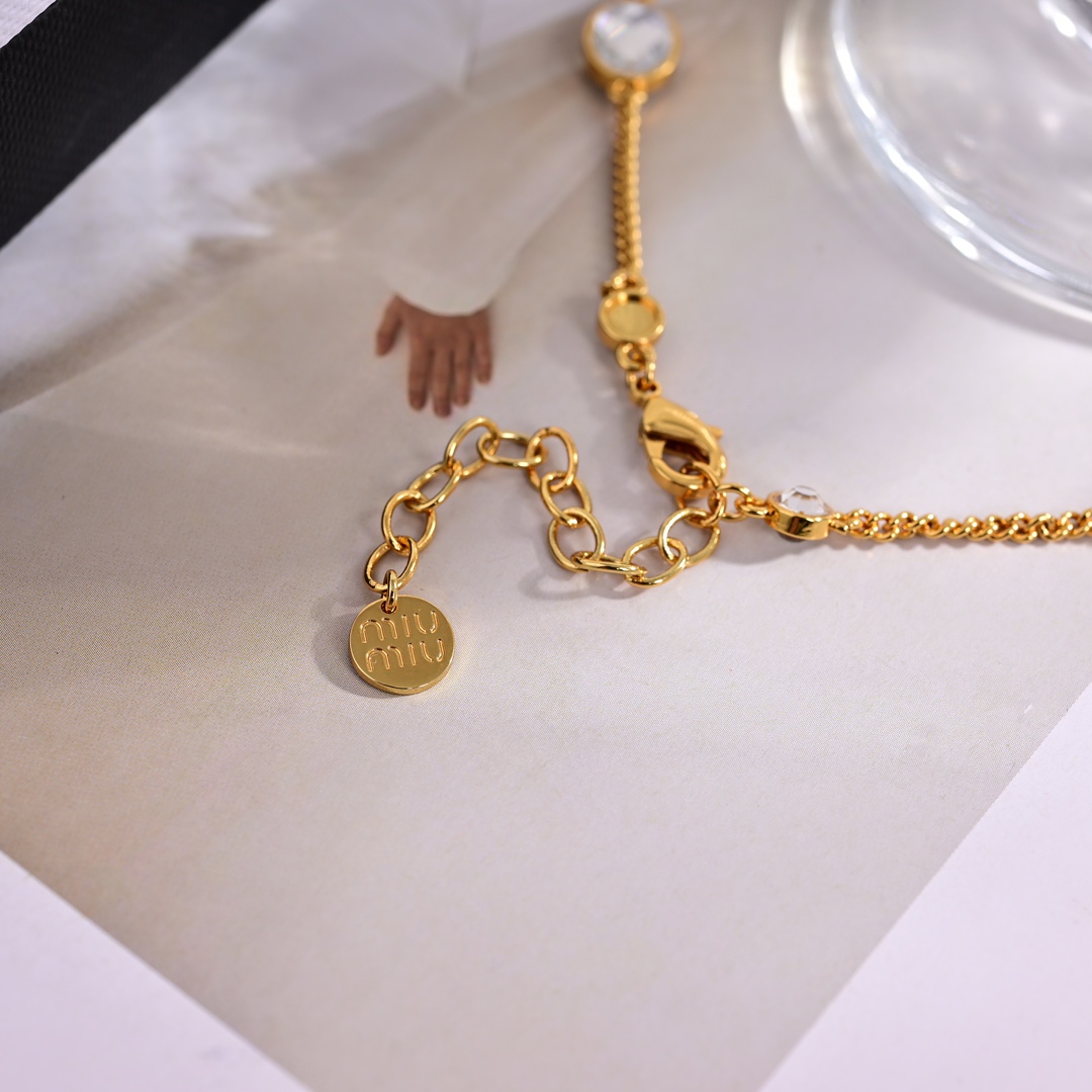 Miu Miu Metal Necklace With Crystals - FashionPlug