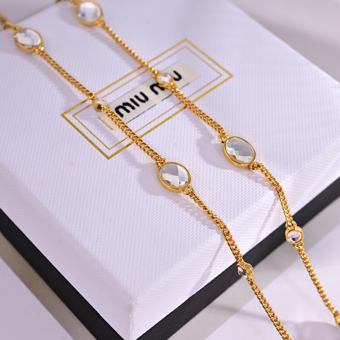 Miu Miu Metal Necklace With Crystals - FashionPlug