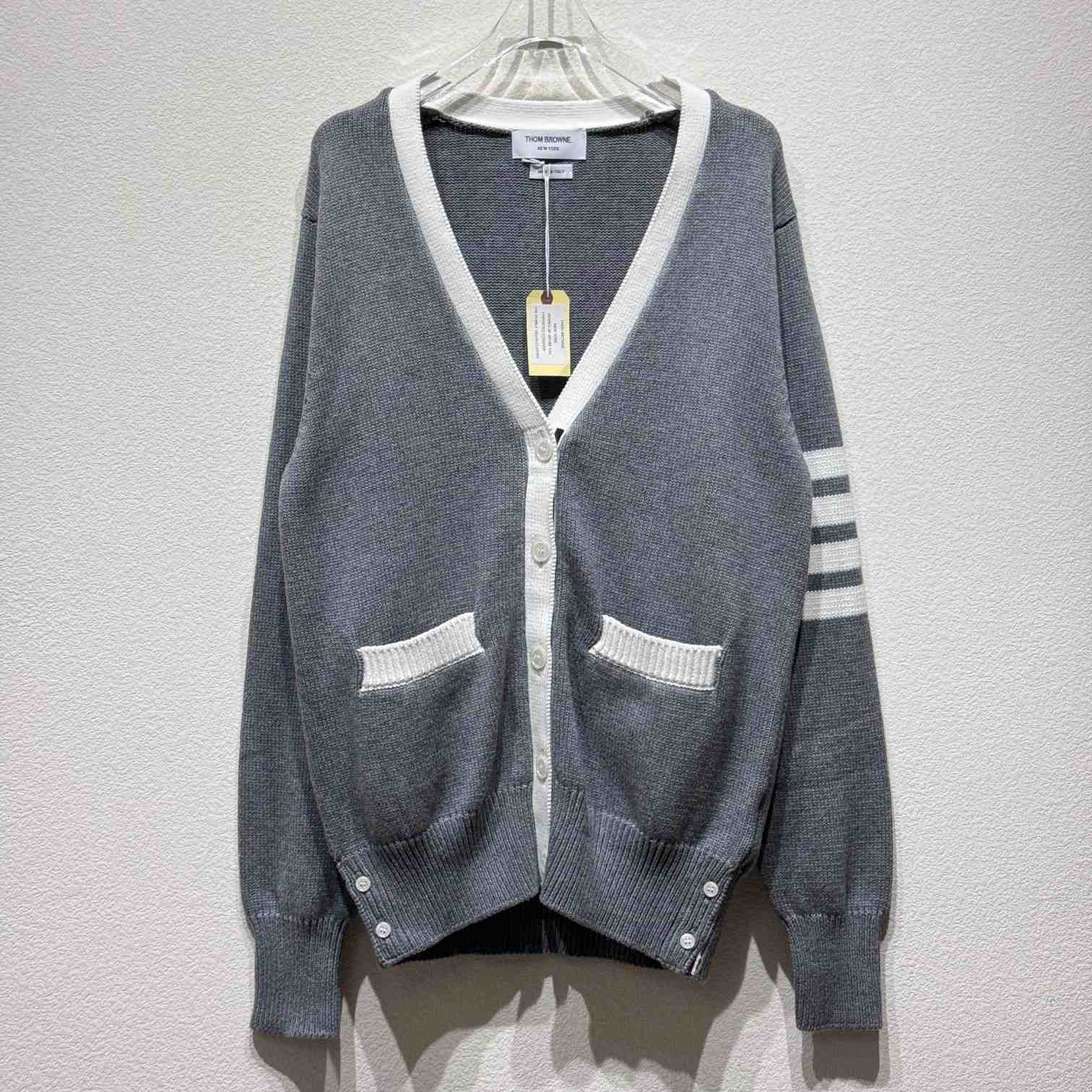 Thom Browne Cotton Hector Pointelle 4-bar V-neck Cardigan - FashionPlug