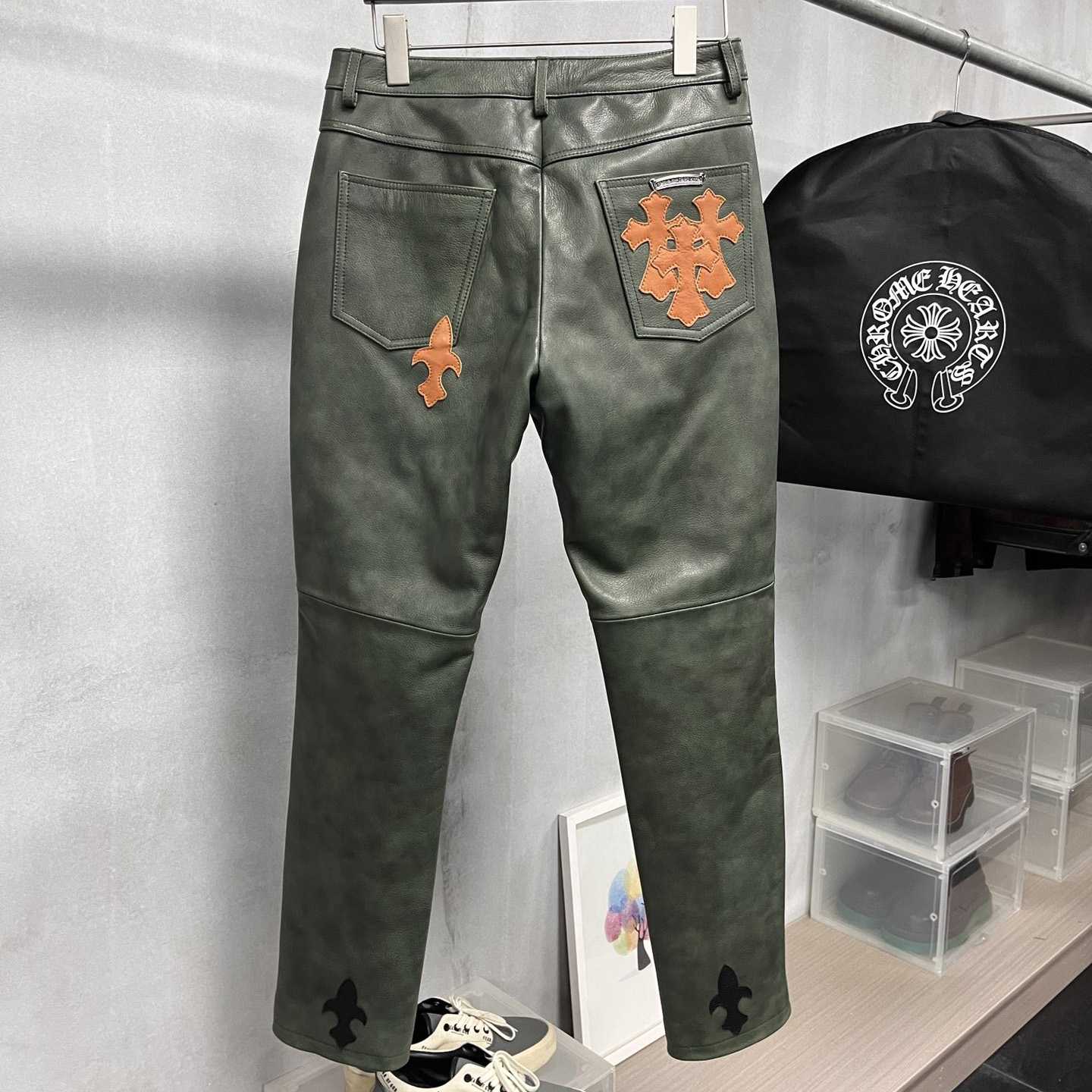 Chrome Heart Leather Cross Jeans - FashionPlug