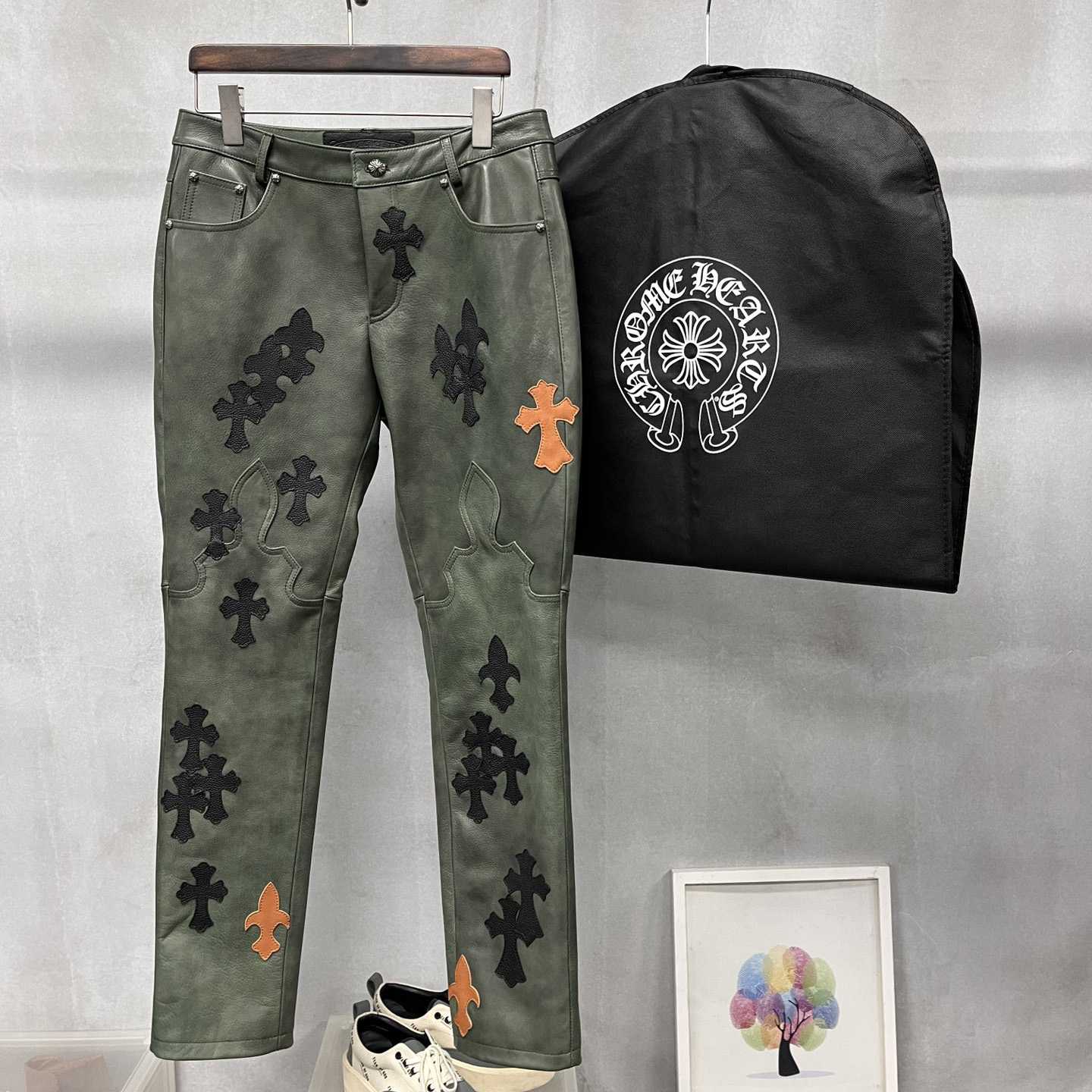 Chrome Heart Leather Cross Jeans - FashionPlug