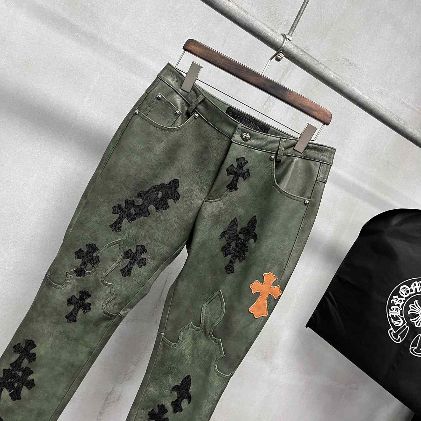 Chrome Heart Leather Cross Jeans - FashionPlug