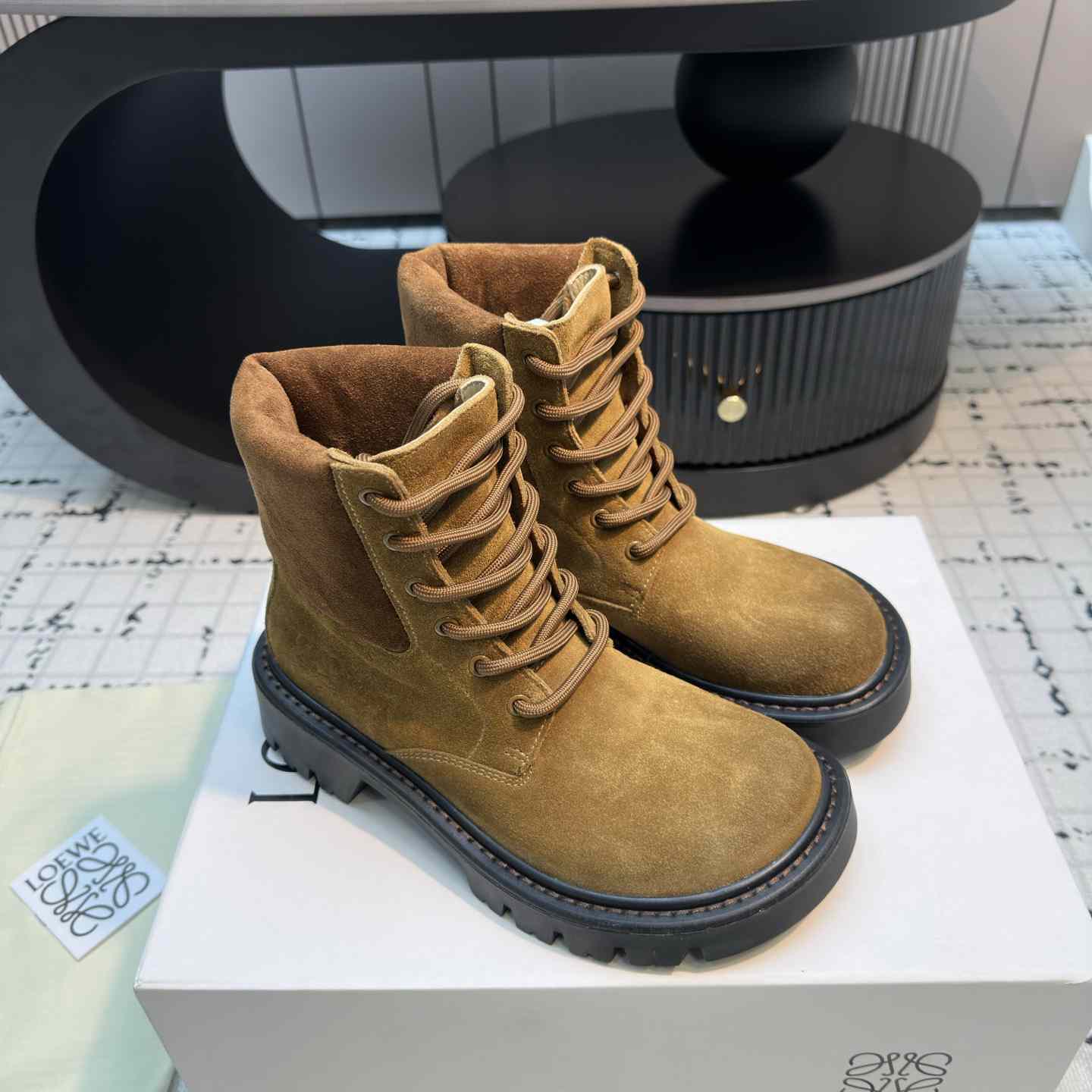Loewe Sierra Combat Ankle Boot In Suede - FashionPlug