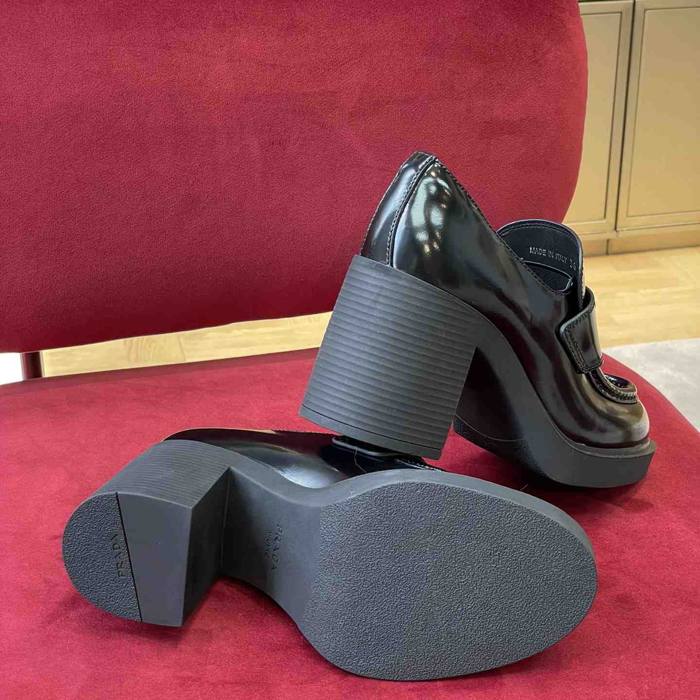 Prada Chocolate High-Heeled Brushed Leather Loafers   - FashionPlug