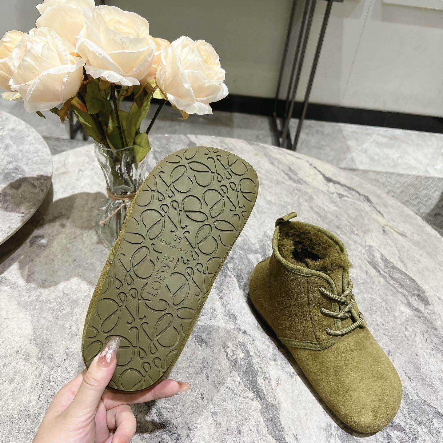 Loewe Lago Lace-up Bootie In Suede And Shearling - FashionPlug
