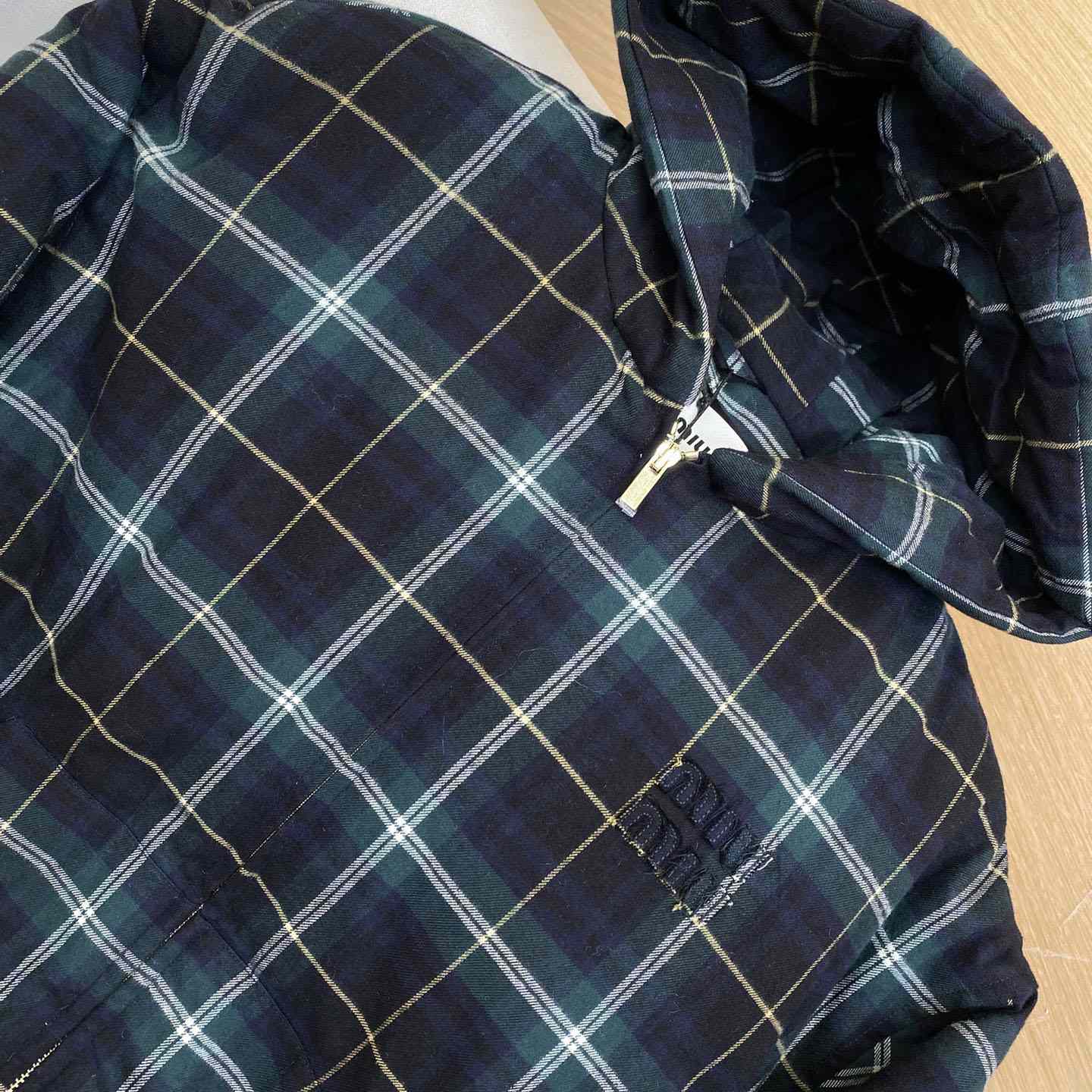 Miu Miu Plaid Hoodie Jacket - FashionPlug