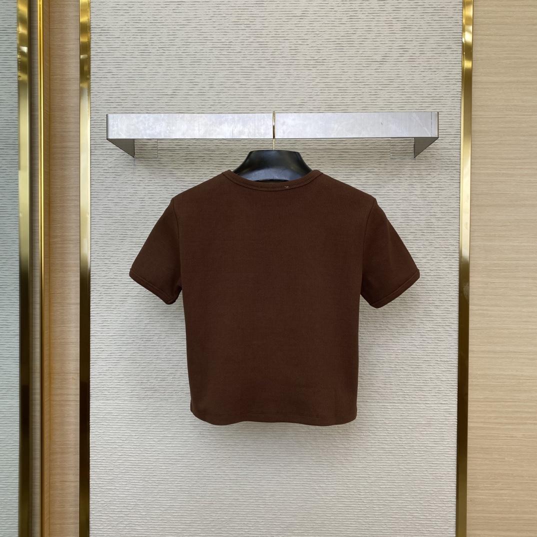 Miu Miu Brown Ribbed Cropped T-Shirt - FashionPlug