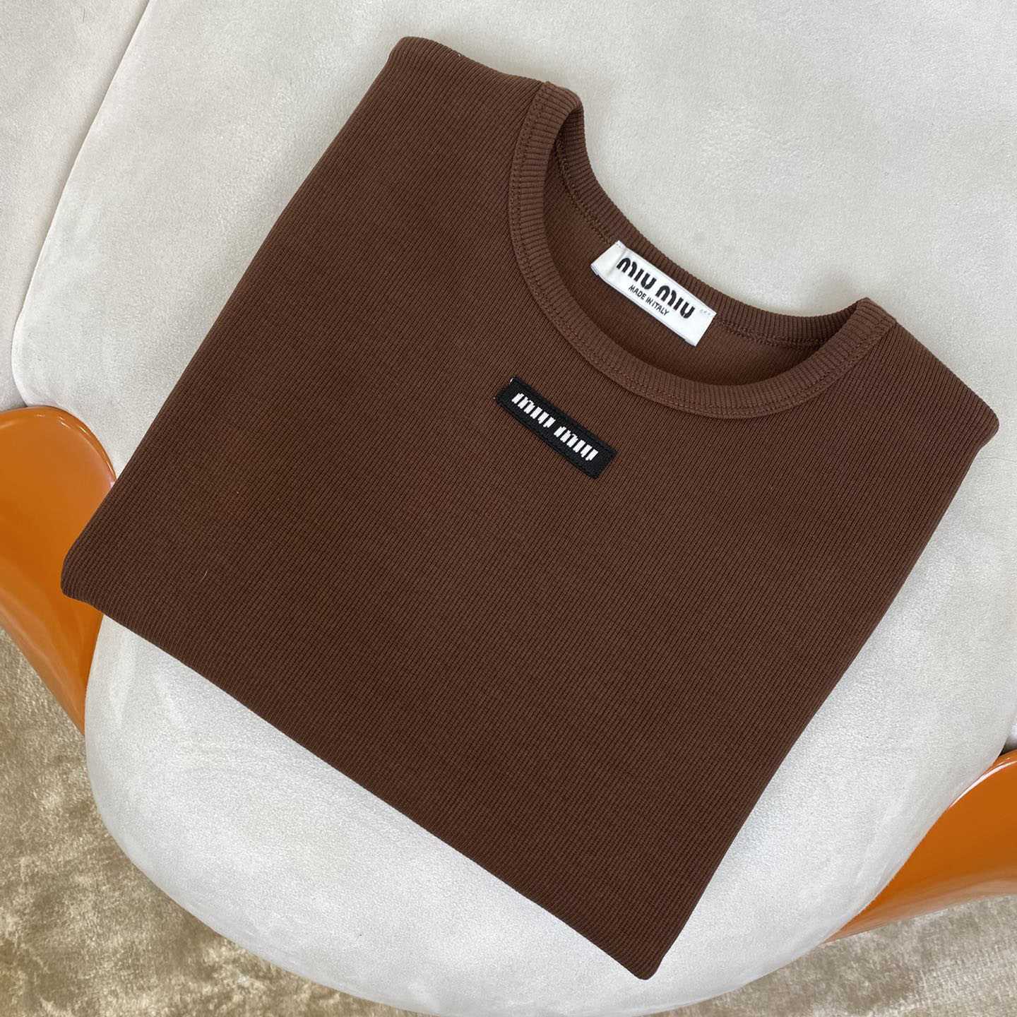 Miu Miu Brown Ribbed Cropped T-Shirt - FashionPlug