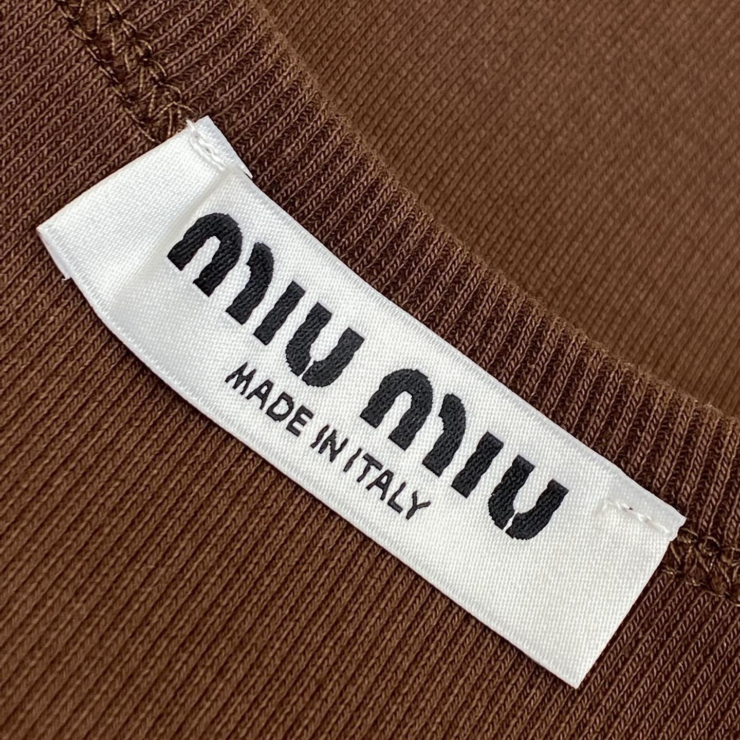 Miu Miu Brown Ribbed Cropped T-Shirt - FashionPlug
