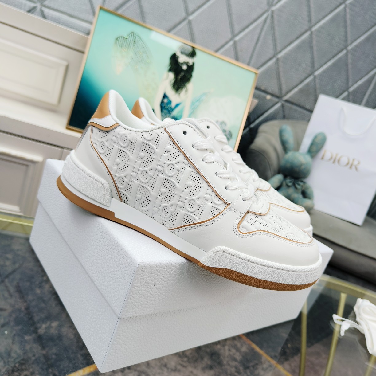 Dior One White and Nude Dior Oblique Perforated Calfskin Sneaker  - FashionPlug