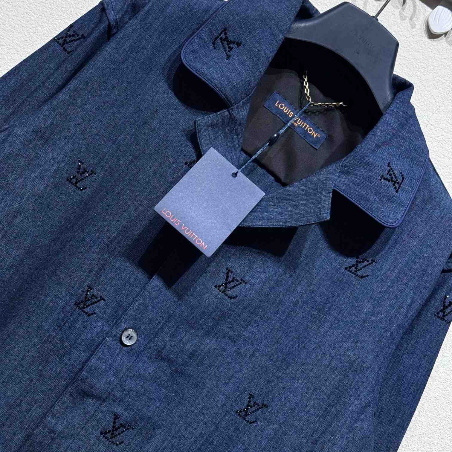 Louis Vuitton LV Blason Embellished Denim Pajama Shirt   1AGJMI - FashionPlug