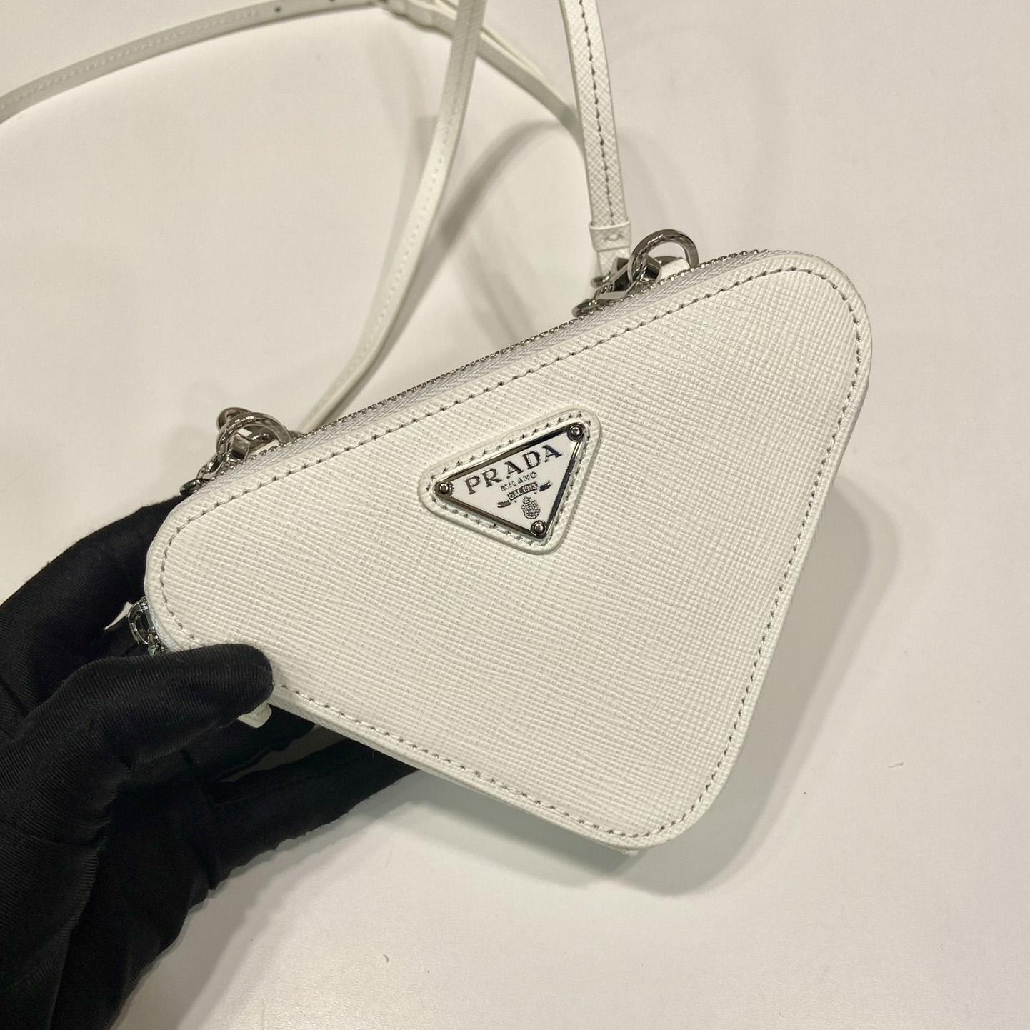 Prada Triangular Embellished Satin And Leather Mini-pouch - FashionPlug