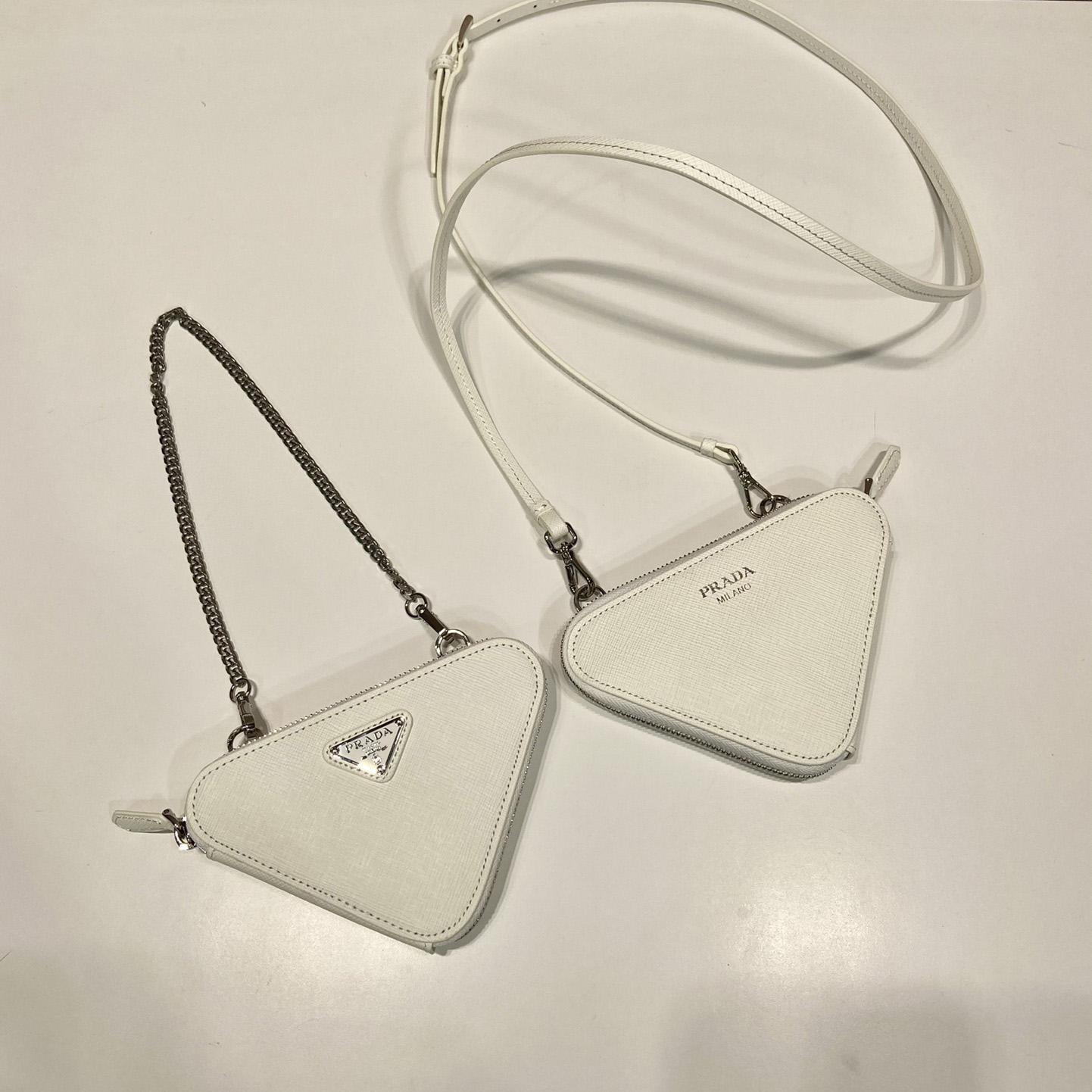 Prada Triangular Embellished Satin And Leather Mini-pouch - FashionPlug