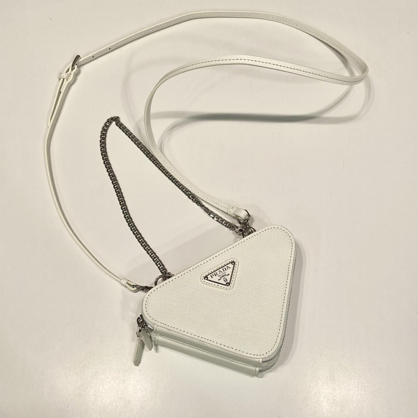 Prada Triangular Embellished Satin And Leather Mini-pouch - FashionPlug