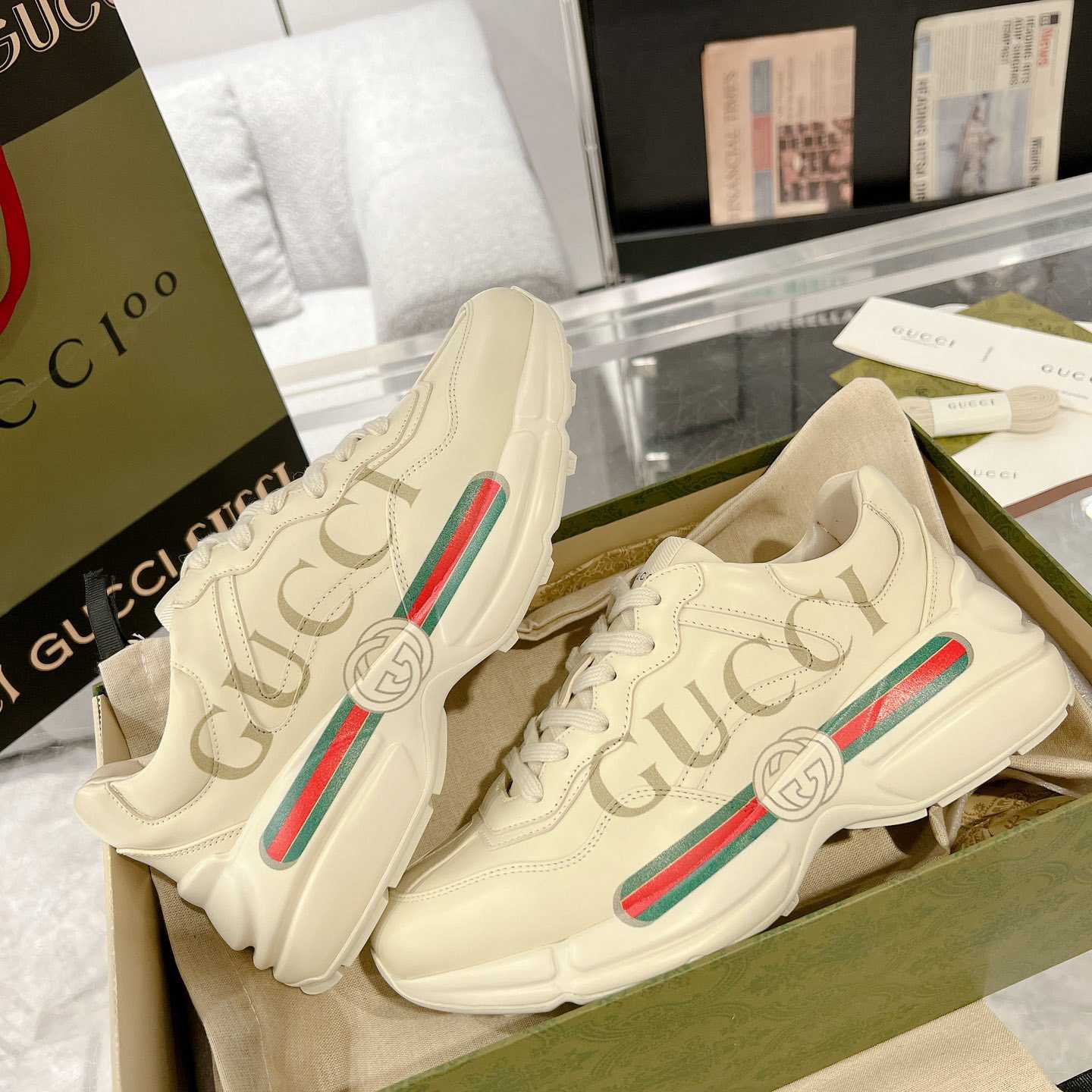 Gucci Rhyton Logo Ivory Leather Sneaker - FashionPlug