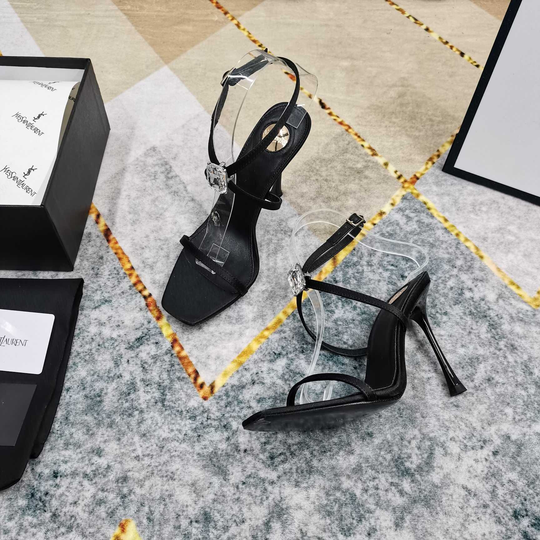 Saint Laurent Harlow Sandals In Satin Crepe And Crystals - FashionPlug