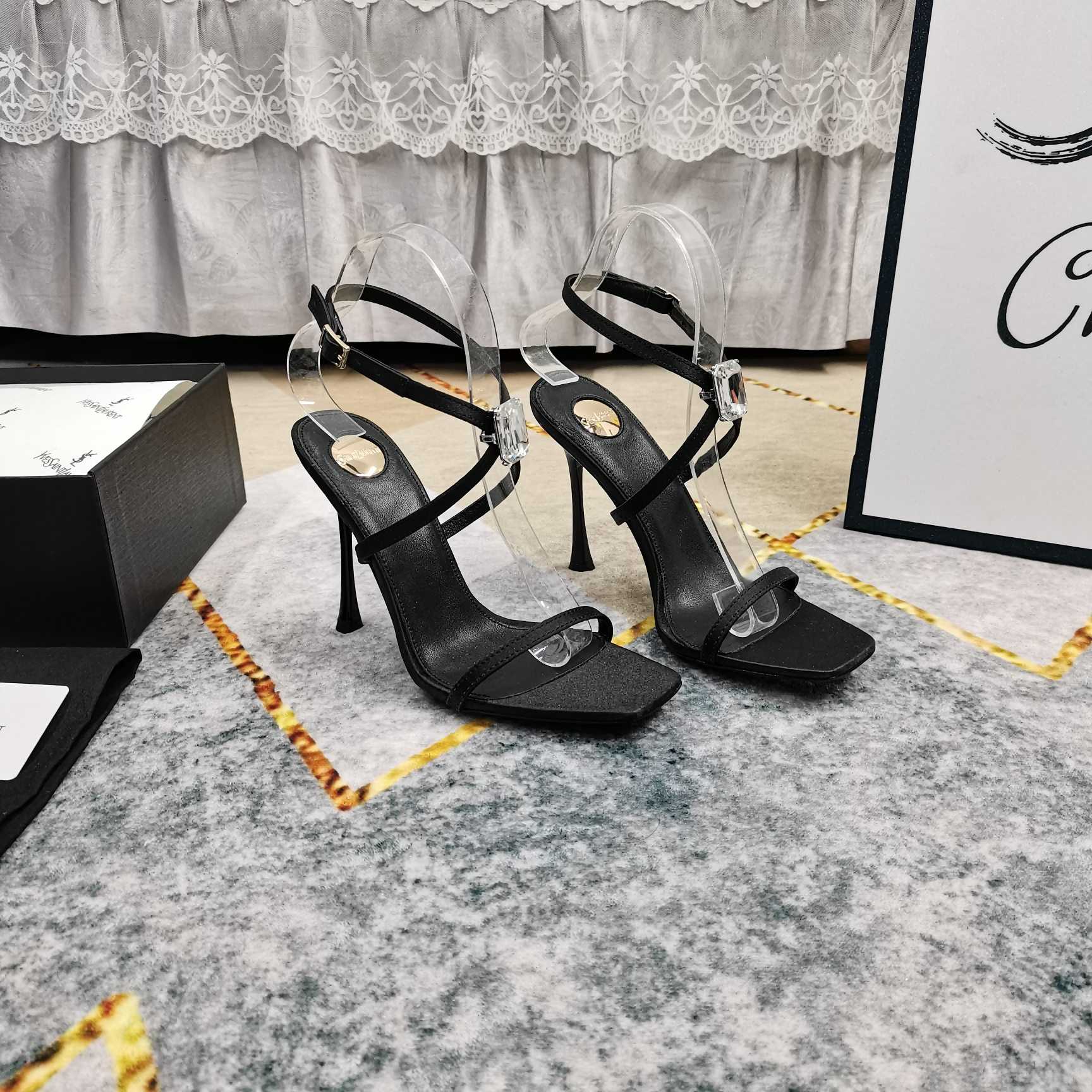 Saint Laurent Harlow Sandals In Satin Crepe And Crystals - FashionPlug