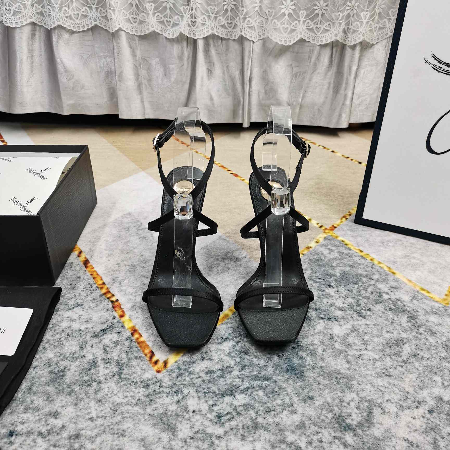 Saint Laurent Harlow Sandals In Satin Crepe And Crystals - FashionPlug