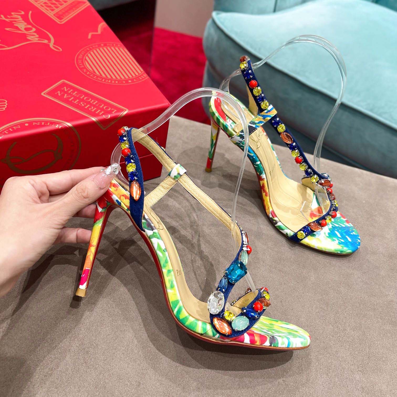 Christian Louboutin Satin Floral Print Slingback Sandals  10cm - FashionPlug
