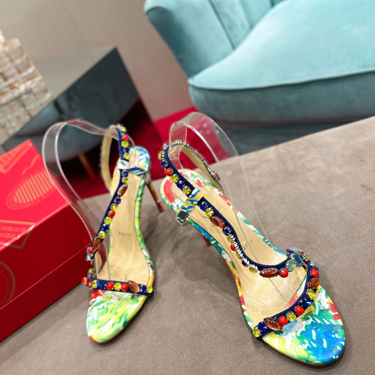 Christian Louboutin Satin Floral Print Slingback Sandals  10cm - FashionPlug