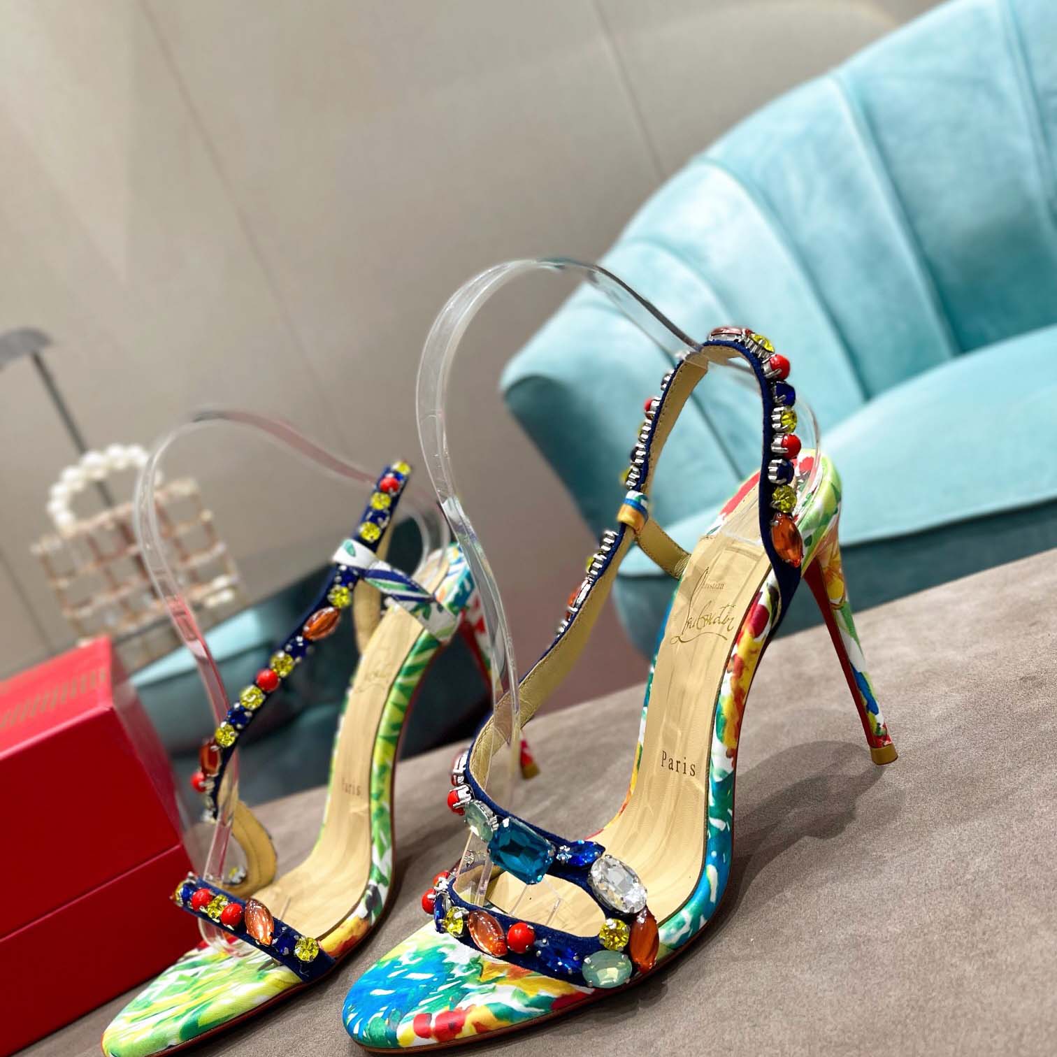 Christian Louboutin Satin Floral Print Slingback Sandals  10cm - FashionPlug