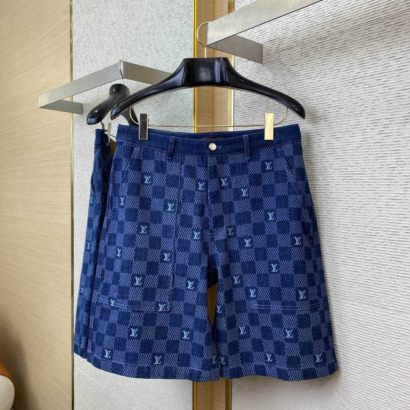 Louis Vuitton Embroidered Damier Denim Shorts  1AFVO5 - FashionPlug