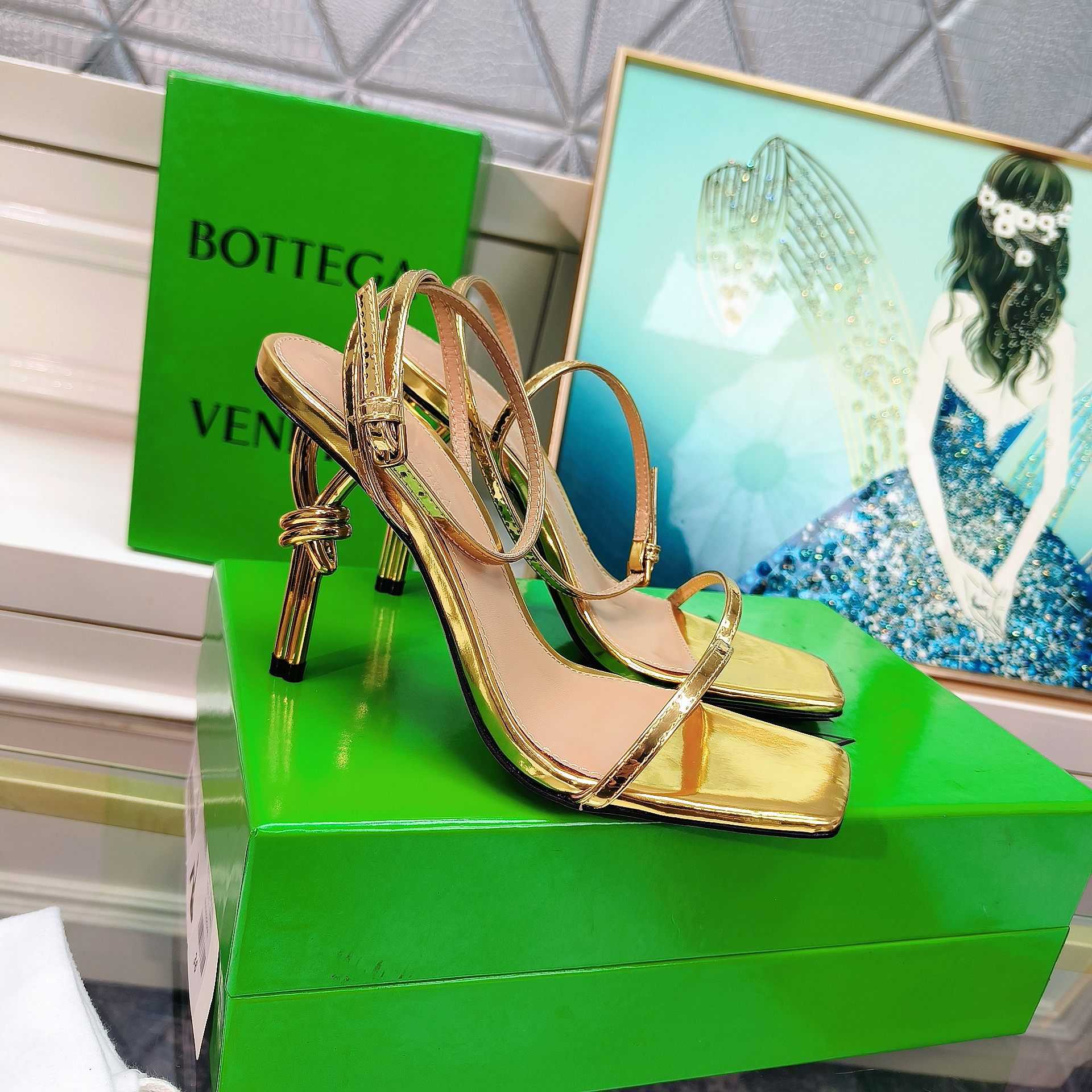 Bottega Veneta Gold Knot Gold Sandals Heels - FashionPlug
