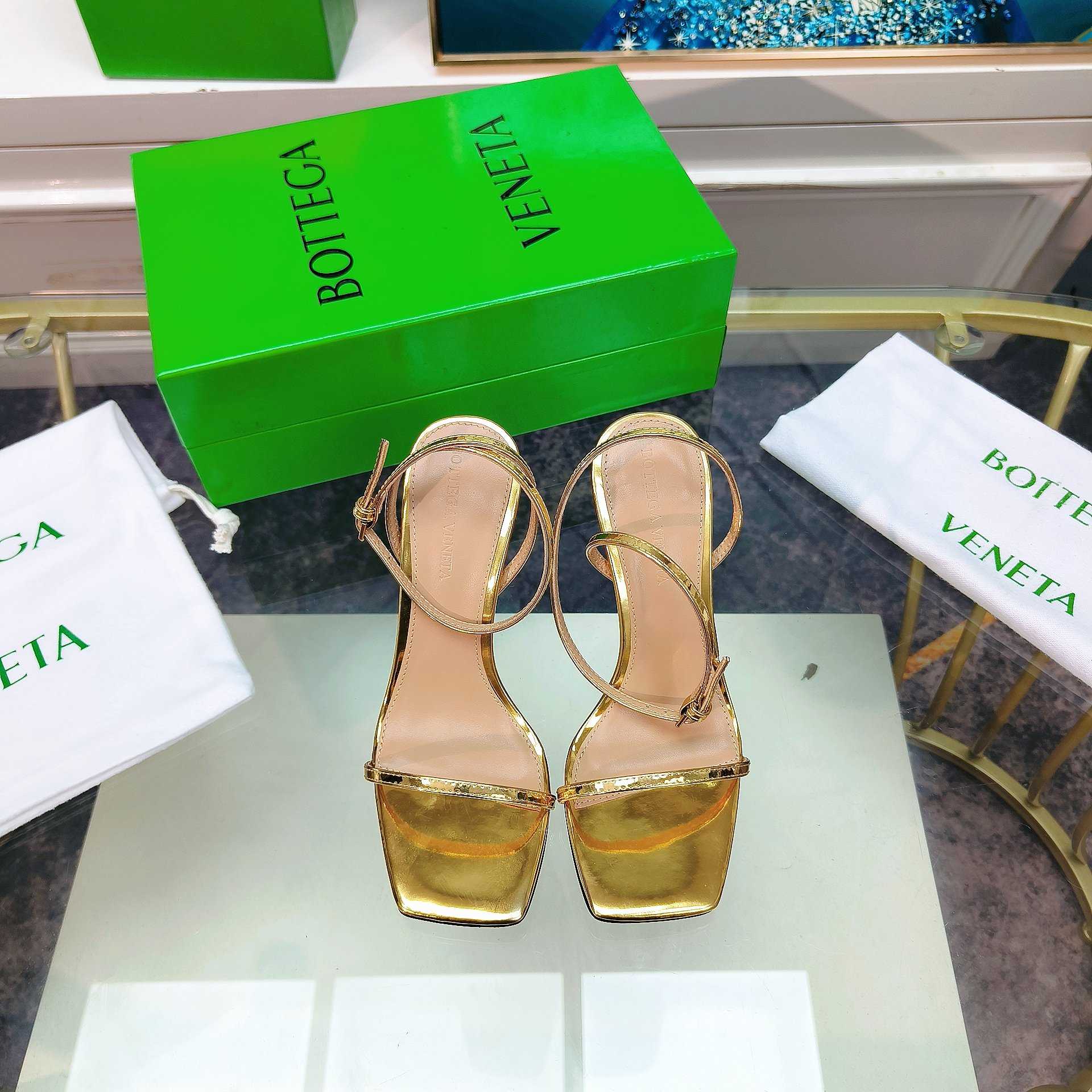 Bottega Veneta Gold Knot Gold Sandals Heels - FashionPlug