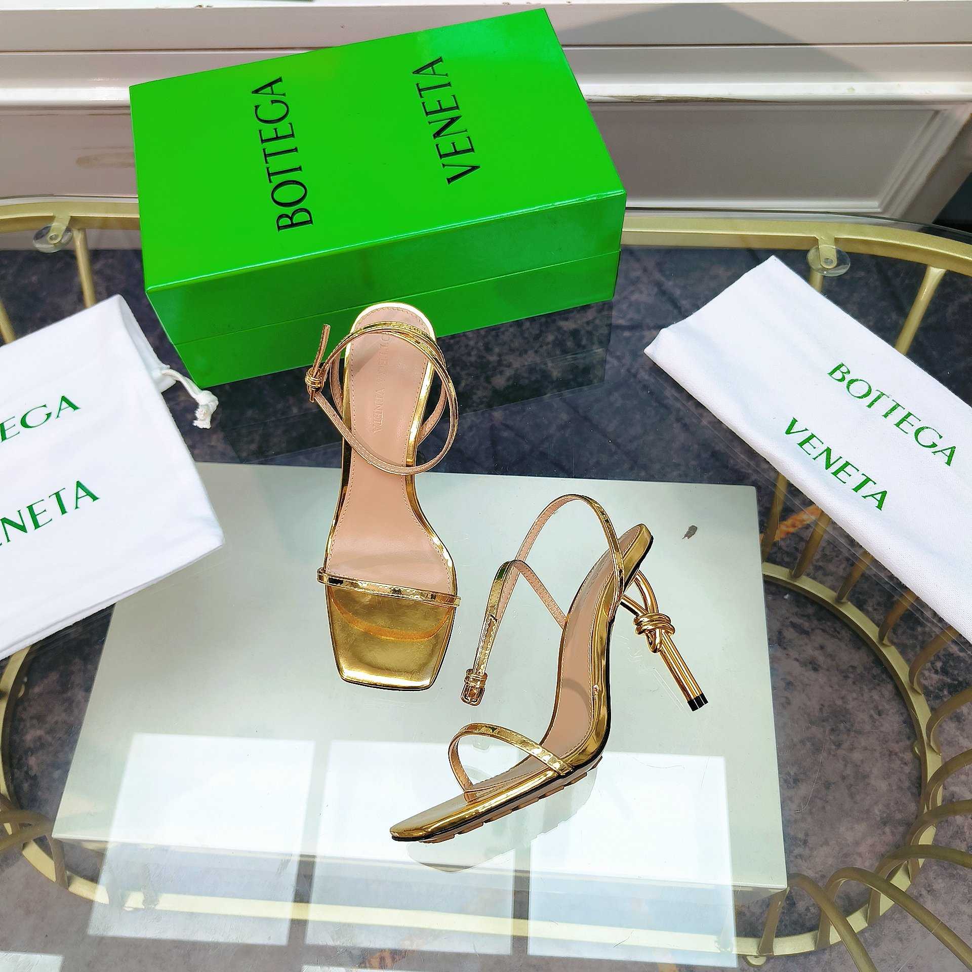Bottega Veneta Gold Knot Gold Sandals Heels - FashionPlug