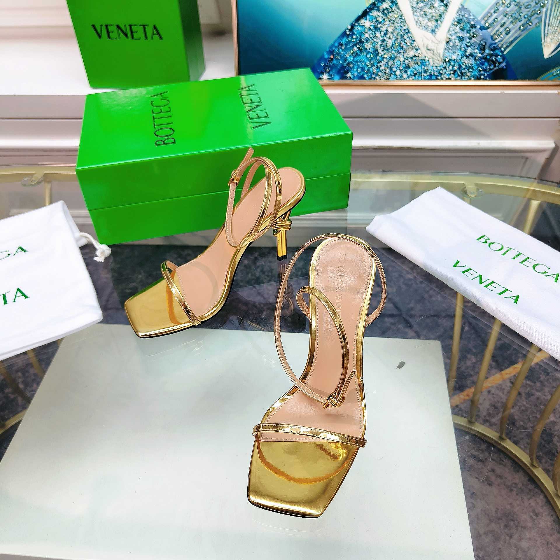 Bottega Veneta Gold Knot Gold Sandals Heels - FashionPlug