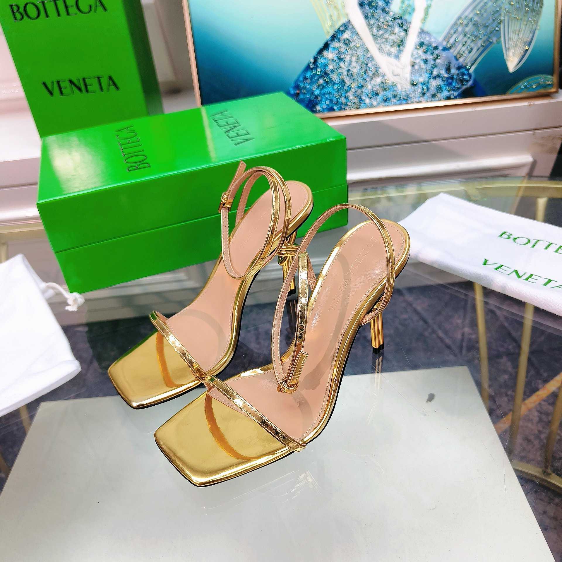 Bottega Veneta Gold Knot Gold Sandals Heels - FashionPlug