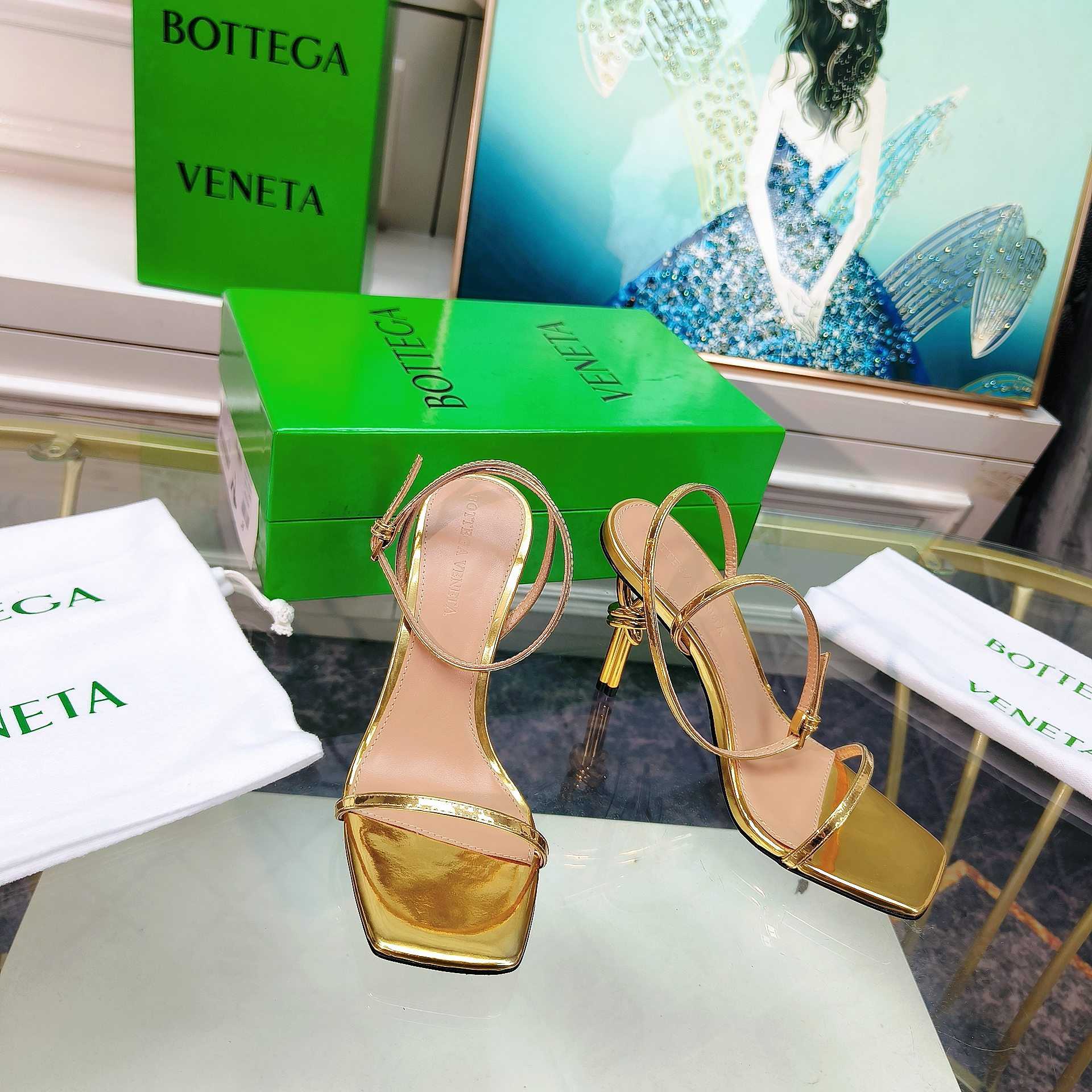 Bottega Veneta Gold Knot Gold Sandals Heels - FashionPlug
