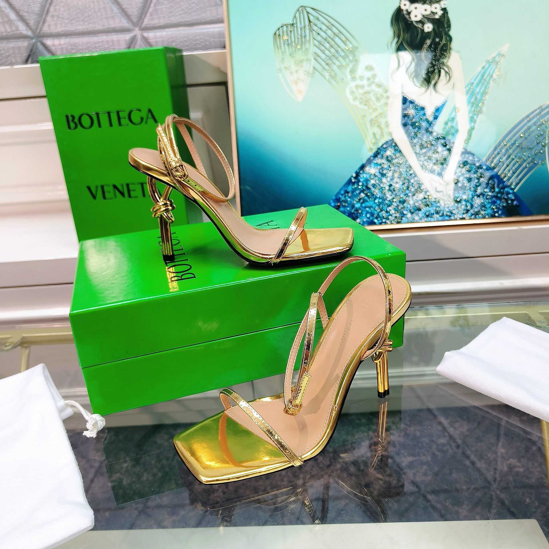Bottega Veneta Gold Knot Gold Sandals Heels - FashionPlug