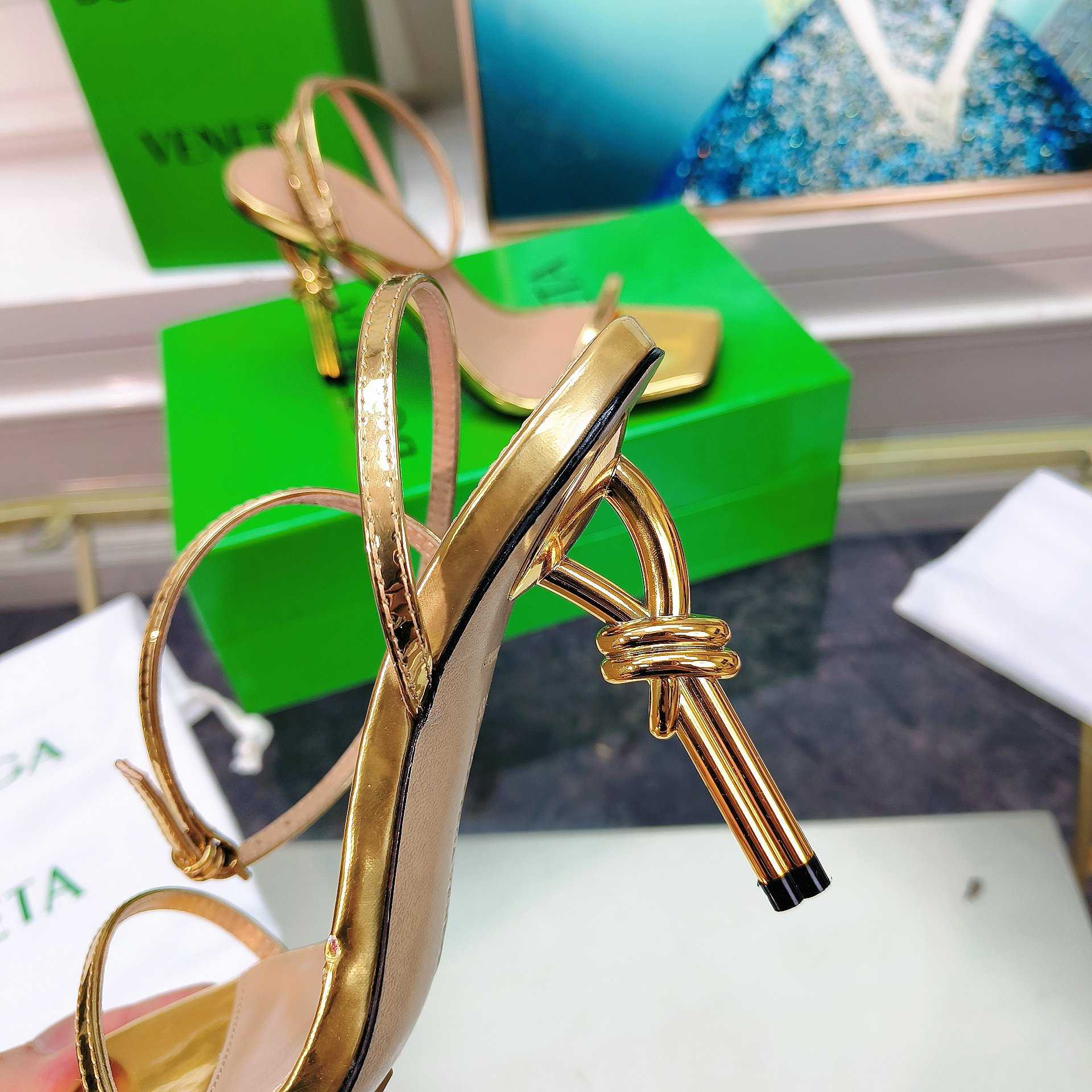 Bottega Veneta Gold Knot Gold Sandals Heels - FashionPlug