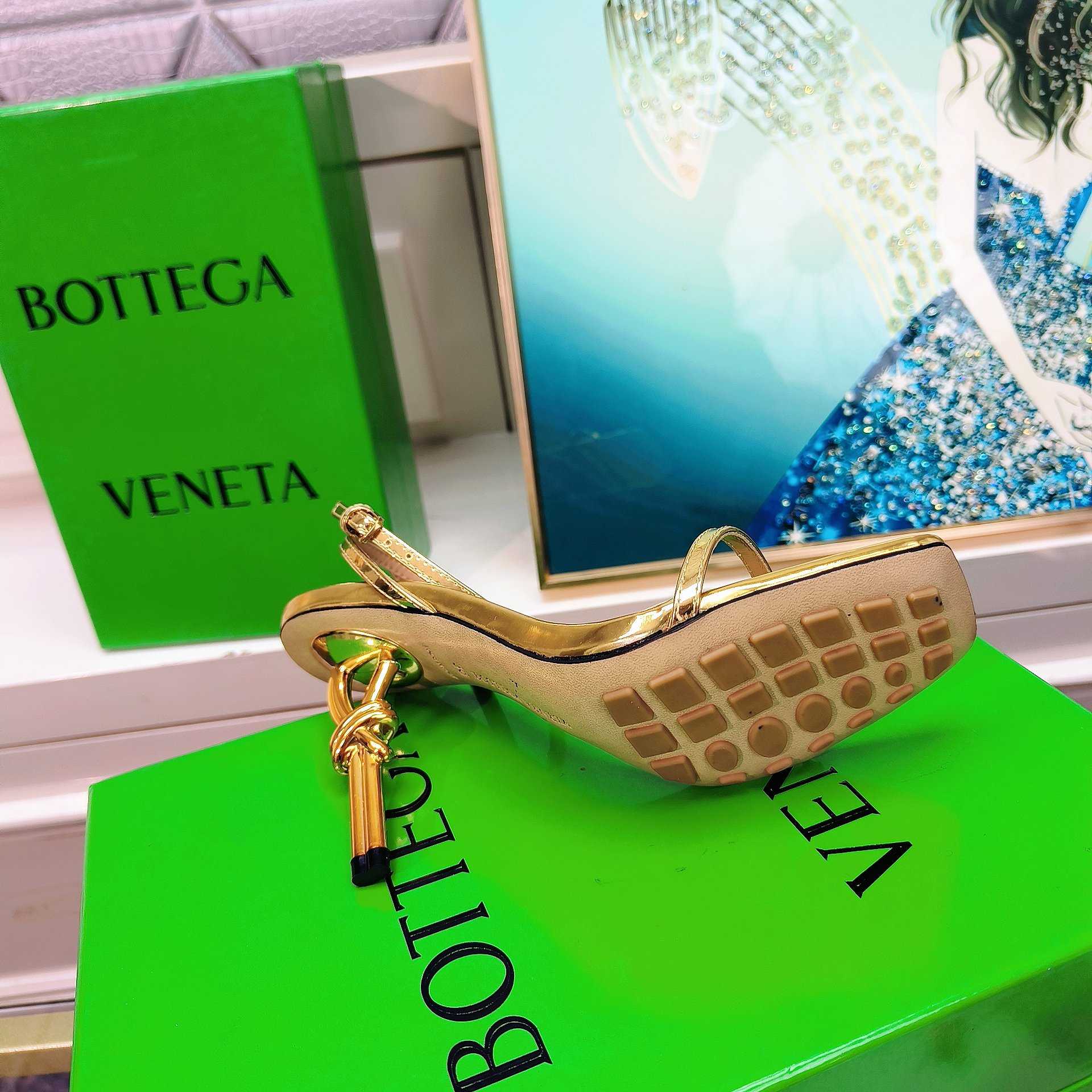 Bottega Veneta Gold Knot Gold Sandals Heels - FashionPlug