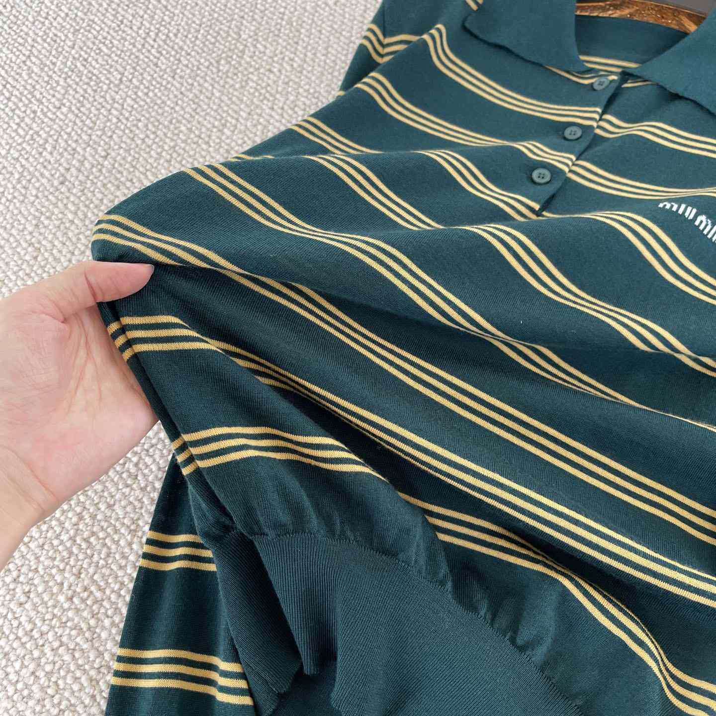 Miu Miu Women's Green and White Striped Sweater - FashionPlug