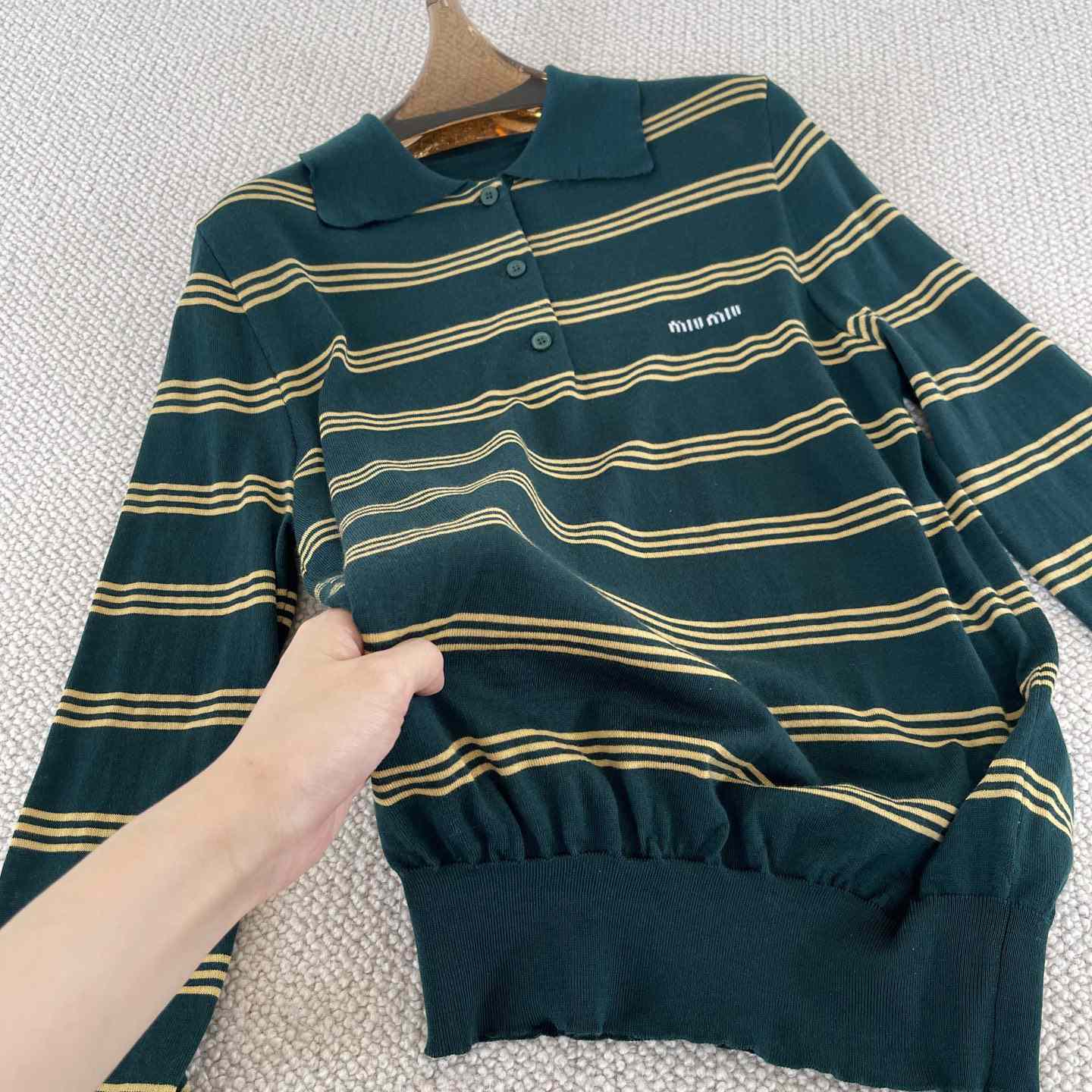 Miu Miu Women's Green and White Striped Sweater - FashionPlug