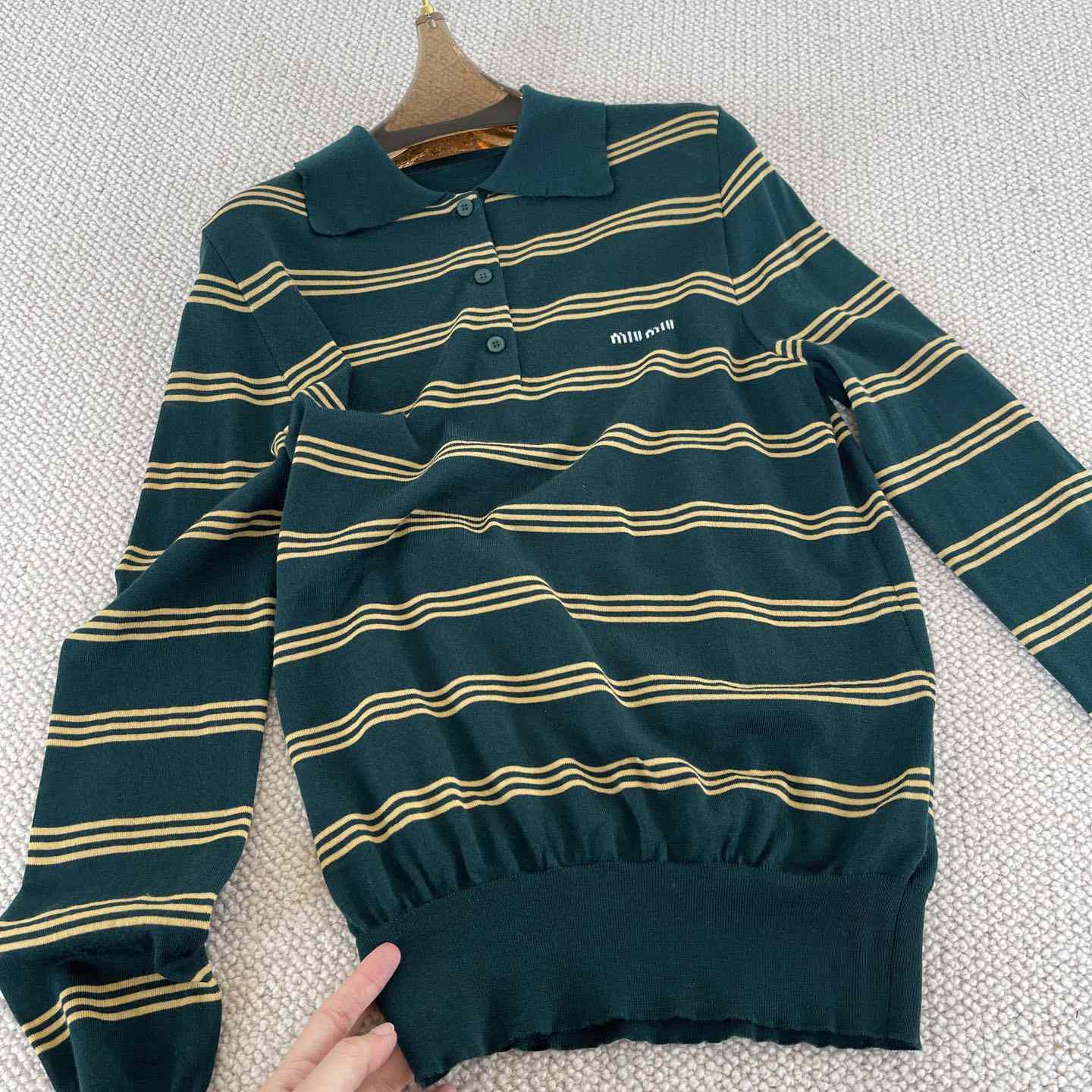 Miu Miu Women's Green and White Striped Sweater - FashionPlug