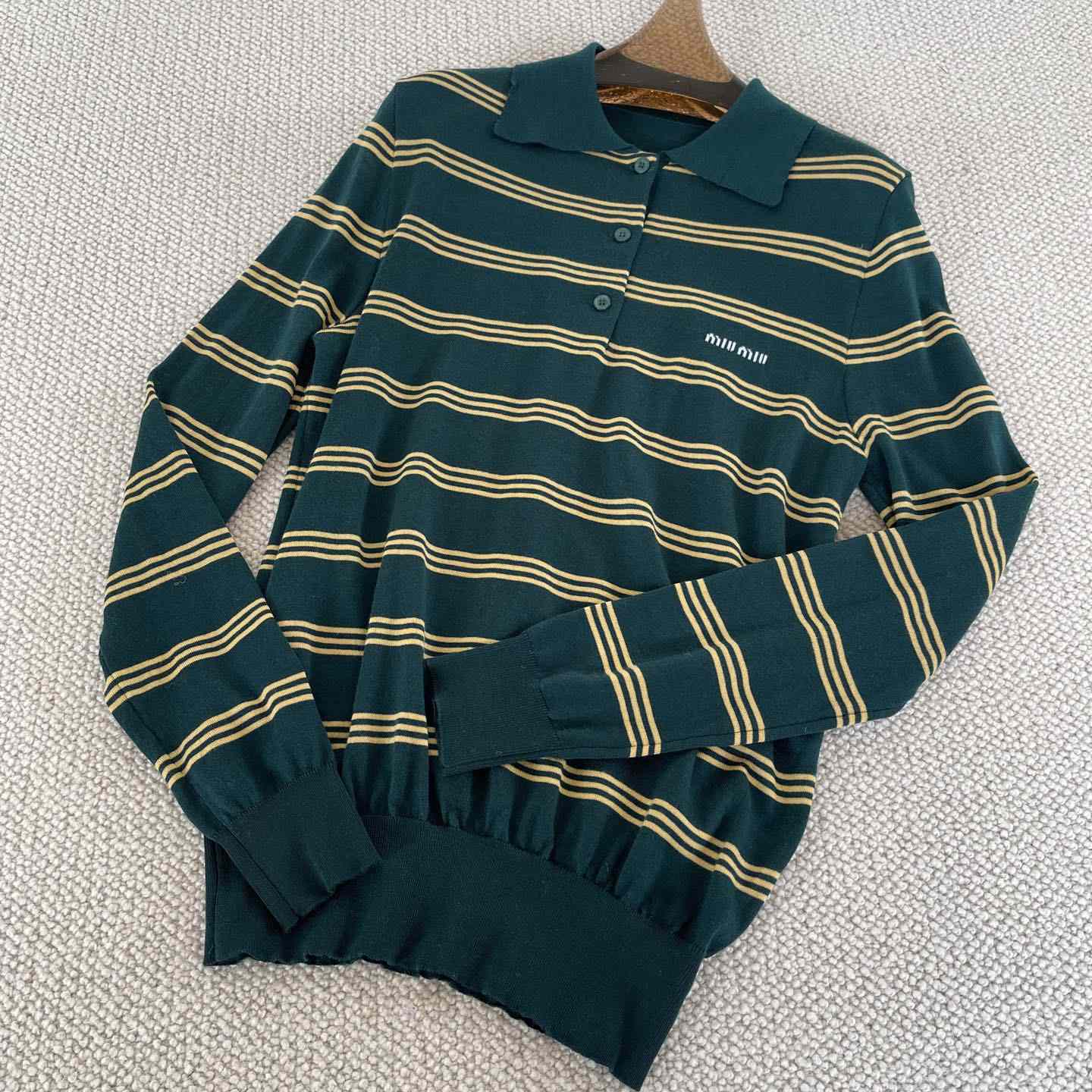 Miu Miu Women's Green and White Striped Sweater - FashionPlug