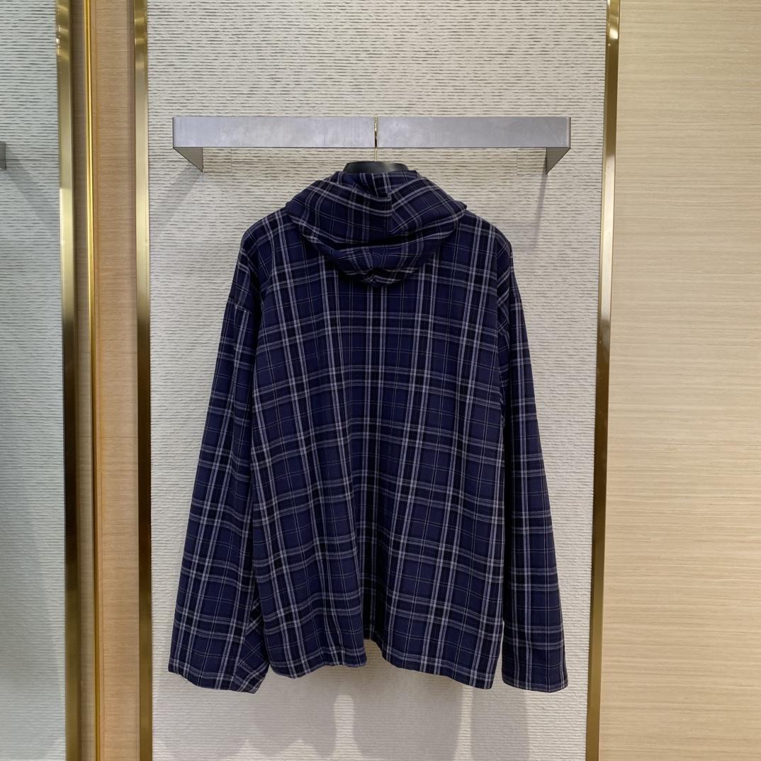Balenciaga SS25 Logo Embroidered Hooded Check Jacket - FashionPlug