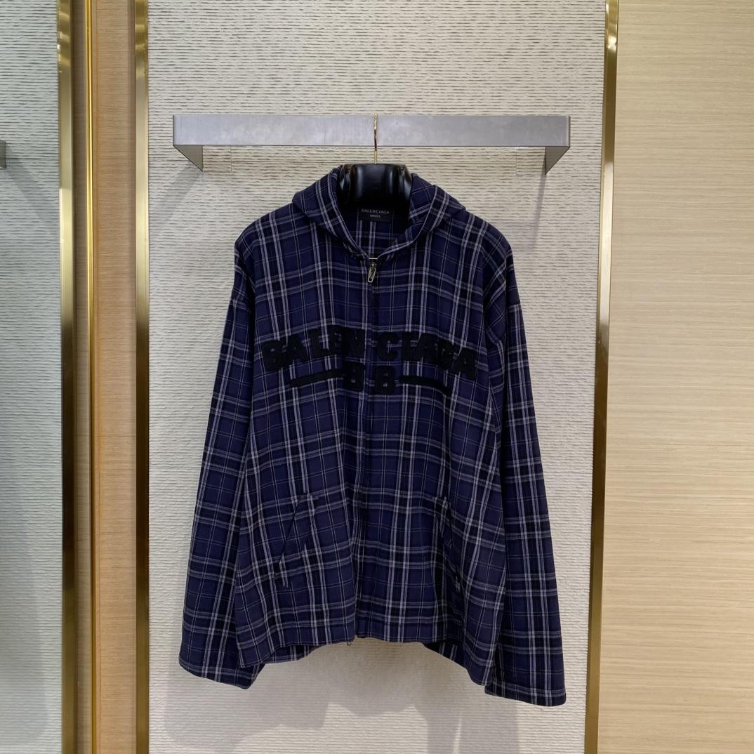 Balenciaga SS25 Logo Embroidered Hooded Check Jacket - FashionPlug