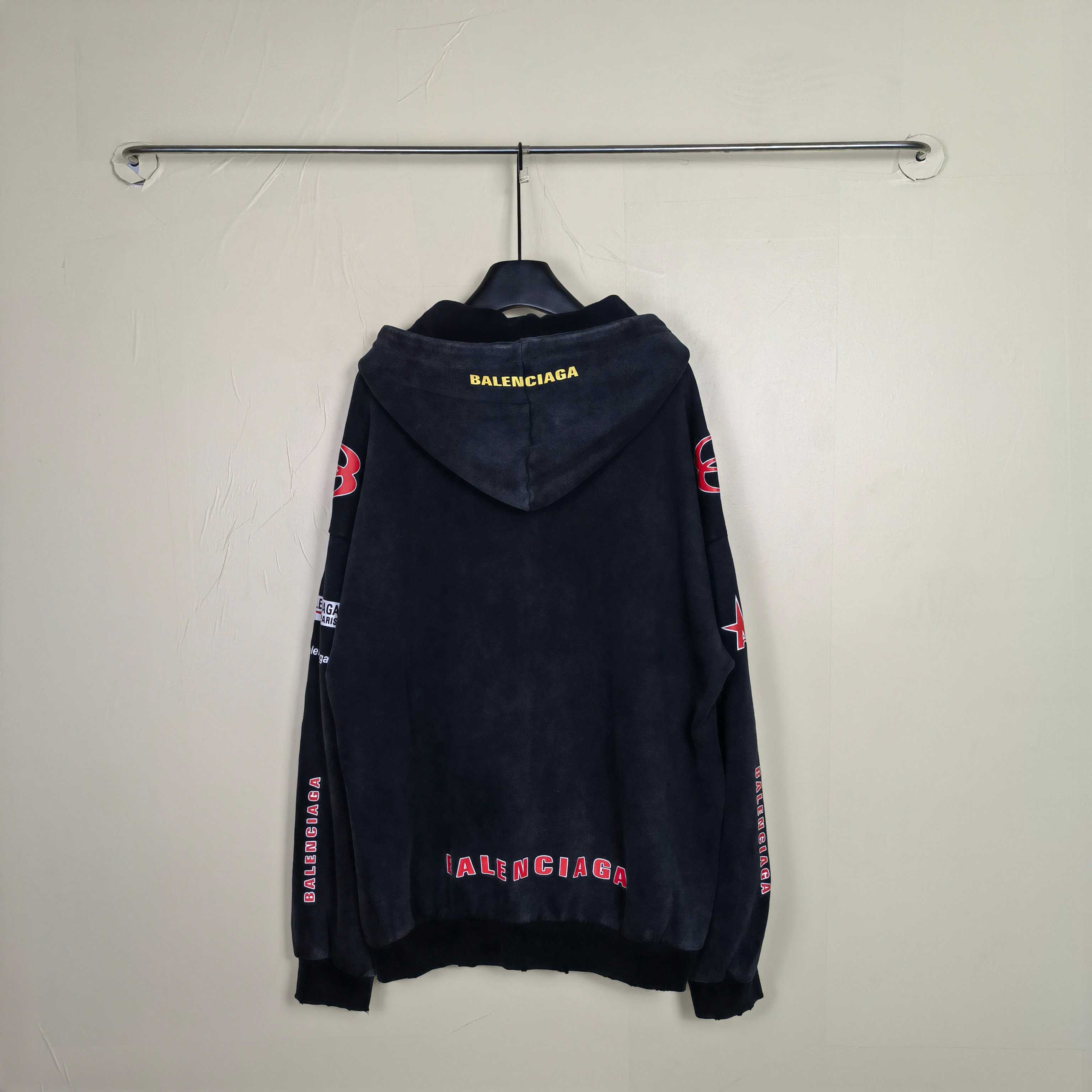 Balenciaga Sponsor Logos Large Zip-Up Hoodie In Faded Washed Black - FashionPlug