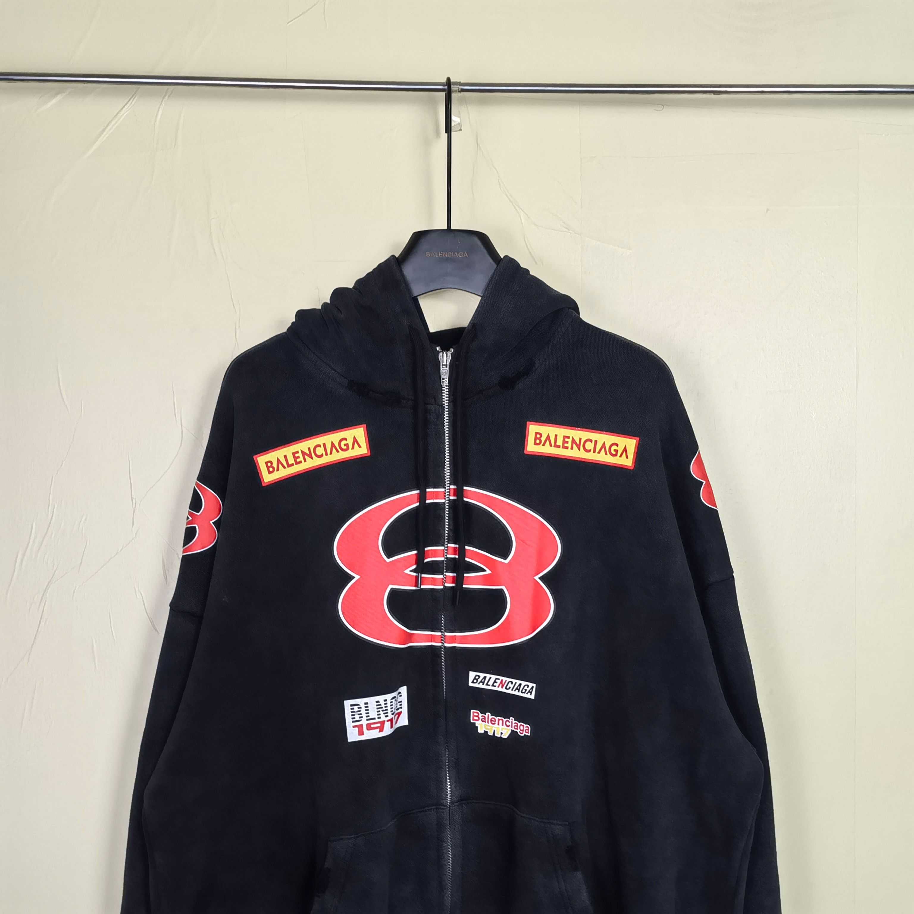 Balenciaga Sponsor Logos Large Zip-Up Hoodie In Faded Washed Black - FashionPlug