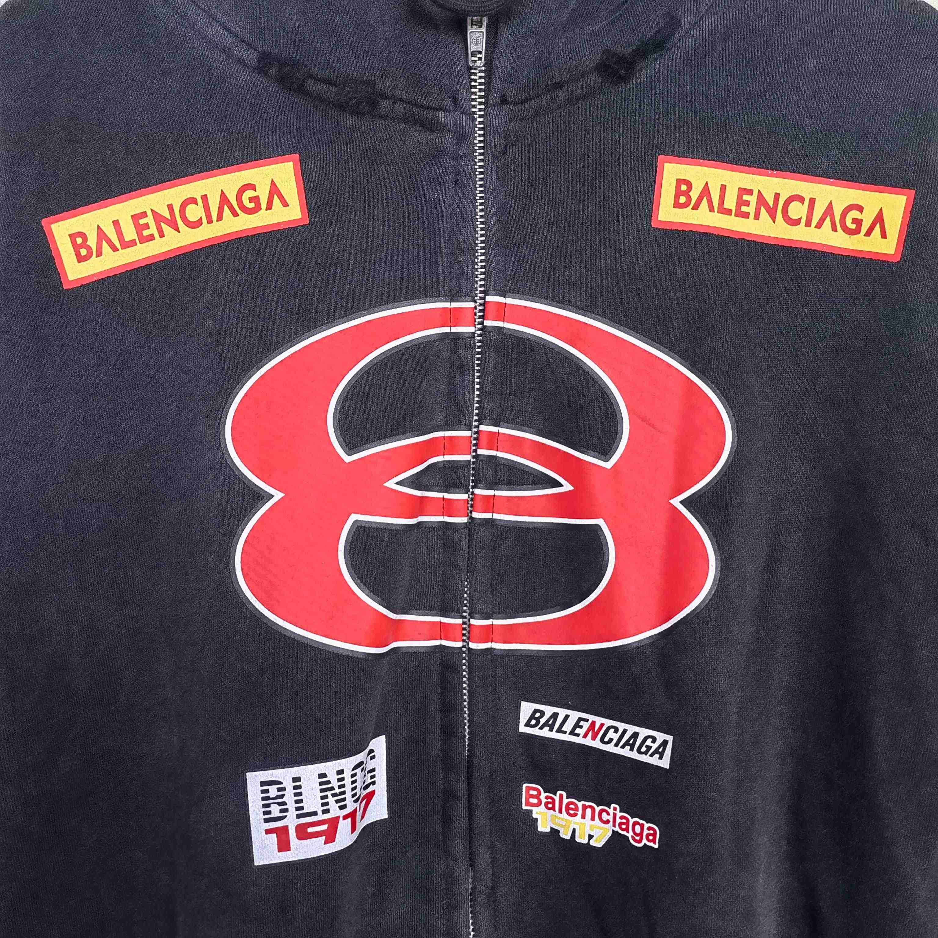 Balenciaga Sponsor Logos Large Zip-Up Hoodie In Faded Washed Black - FashionPlug