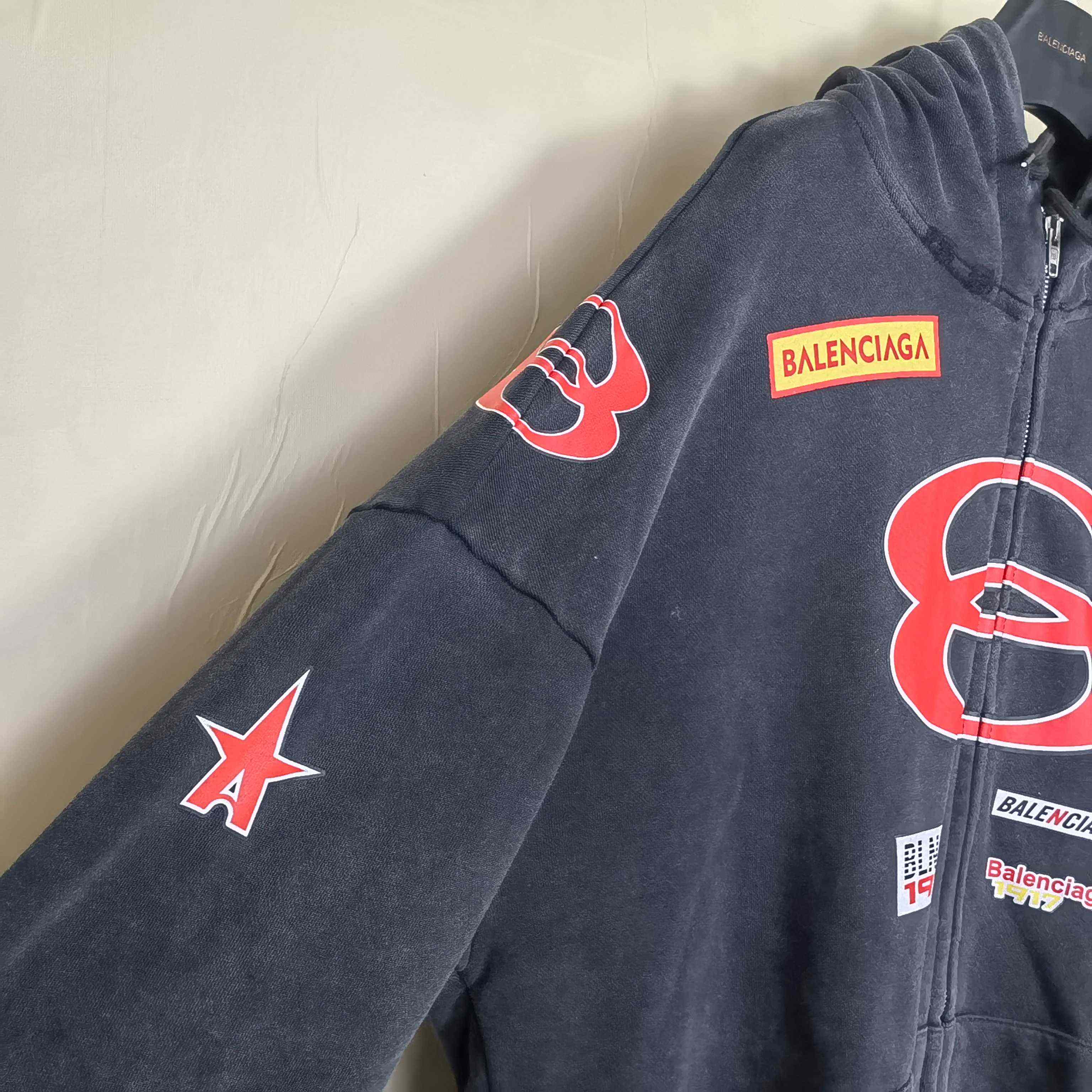 Balenciaga Sponsor Logos Large Zip-Up Hoodie In Faded Washed Black - FashionPlug