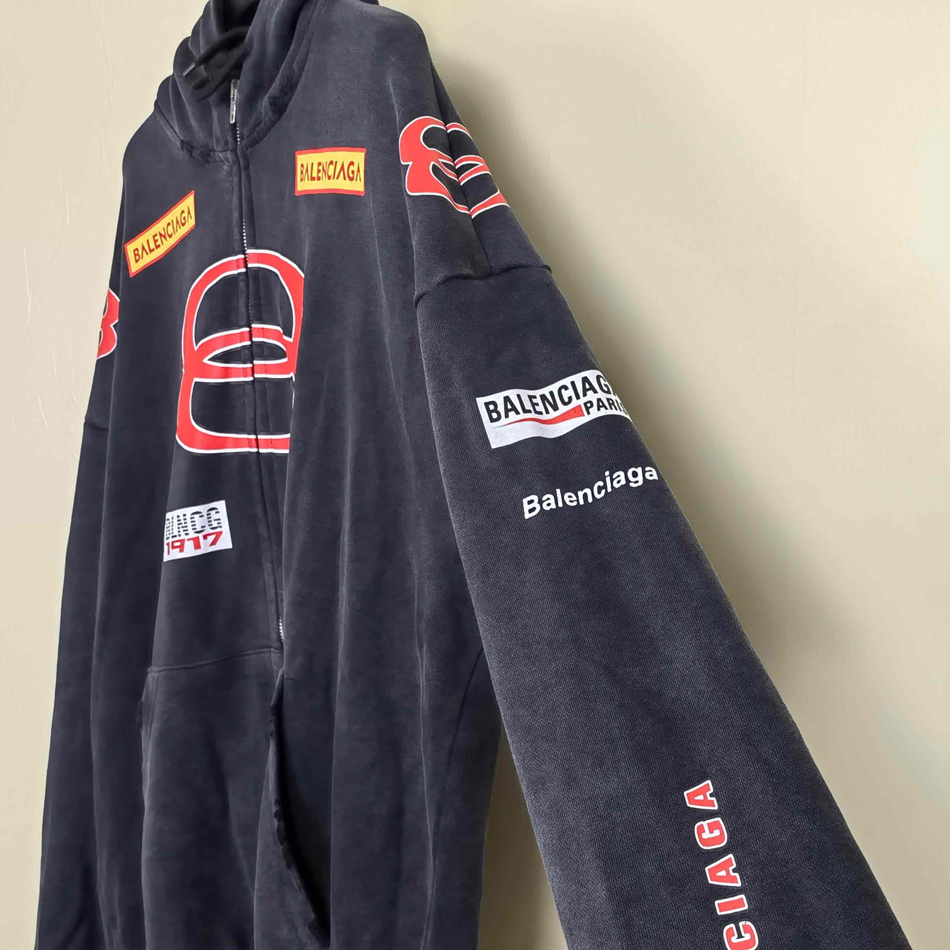 Balenciaga Sponsor Logos Large Zip-Up Hoodie In Faded Washed Black - FashionPlug