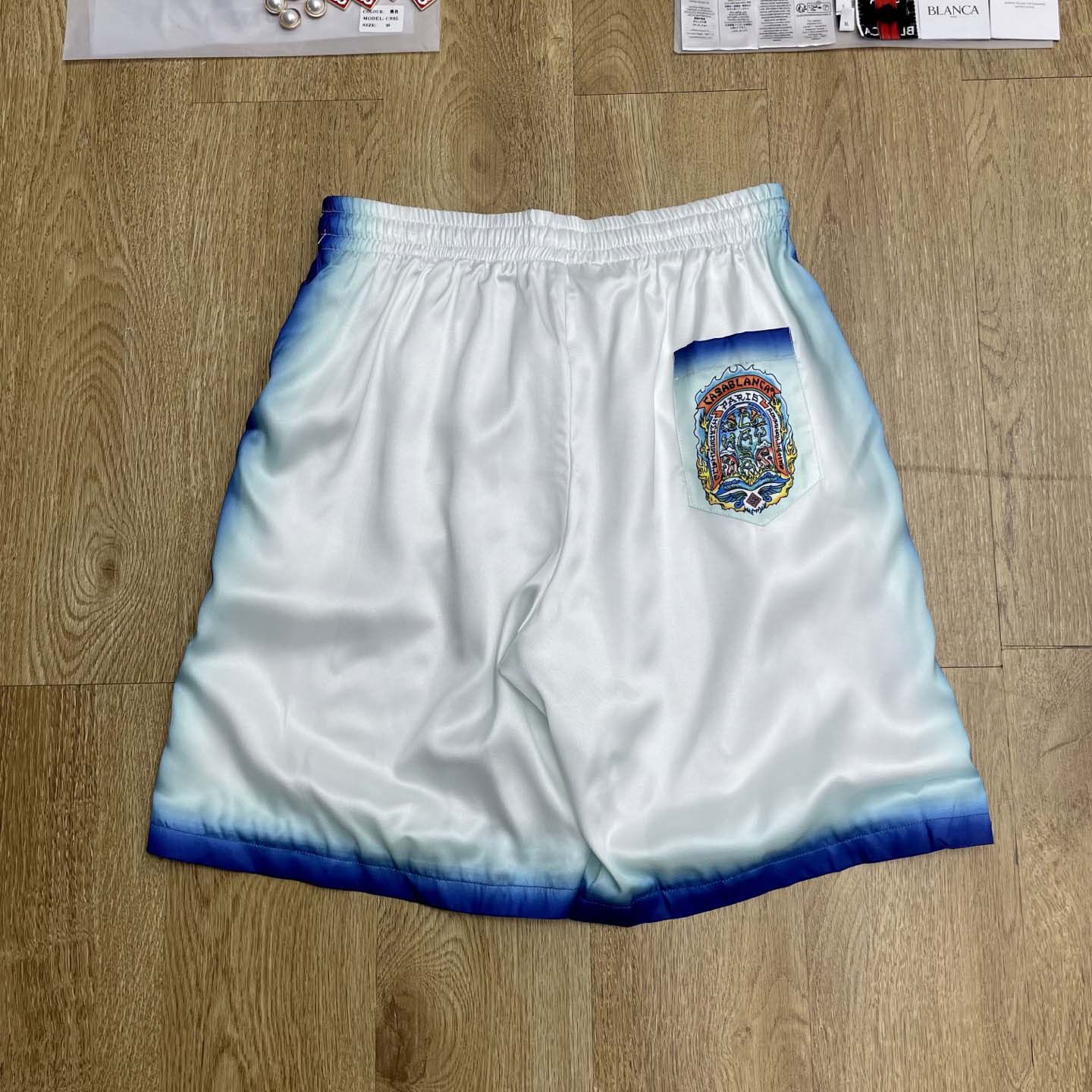 Casablanca White & Blue 'Casa Way' Skate Silk Shorts   CA3538 - FashionPlug