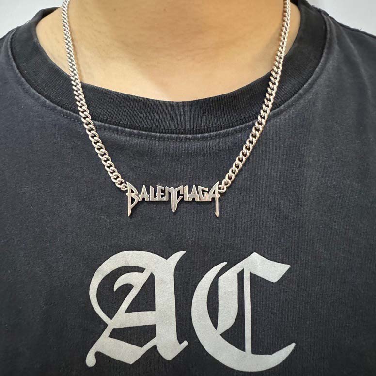 Balenciaga Typo Metal Necklace In Antique Silver Brass - FashionPlug